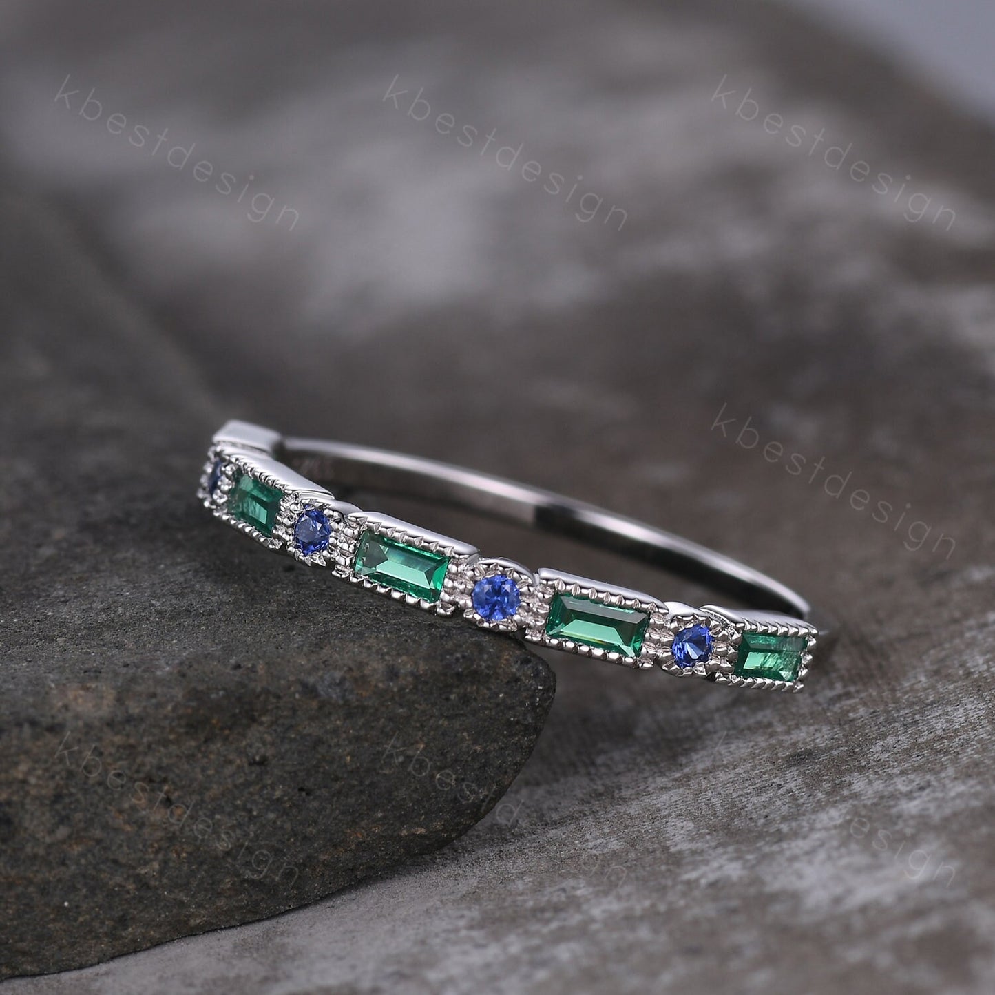 Art Deco Emerald sapphire wedding band silver baguette band women wedding ring May birthstone ring vintage stacking Anniversary gift
