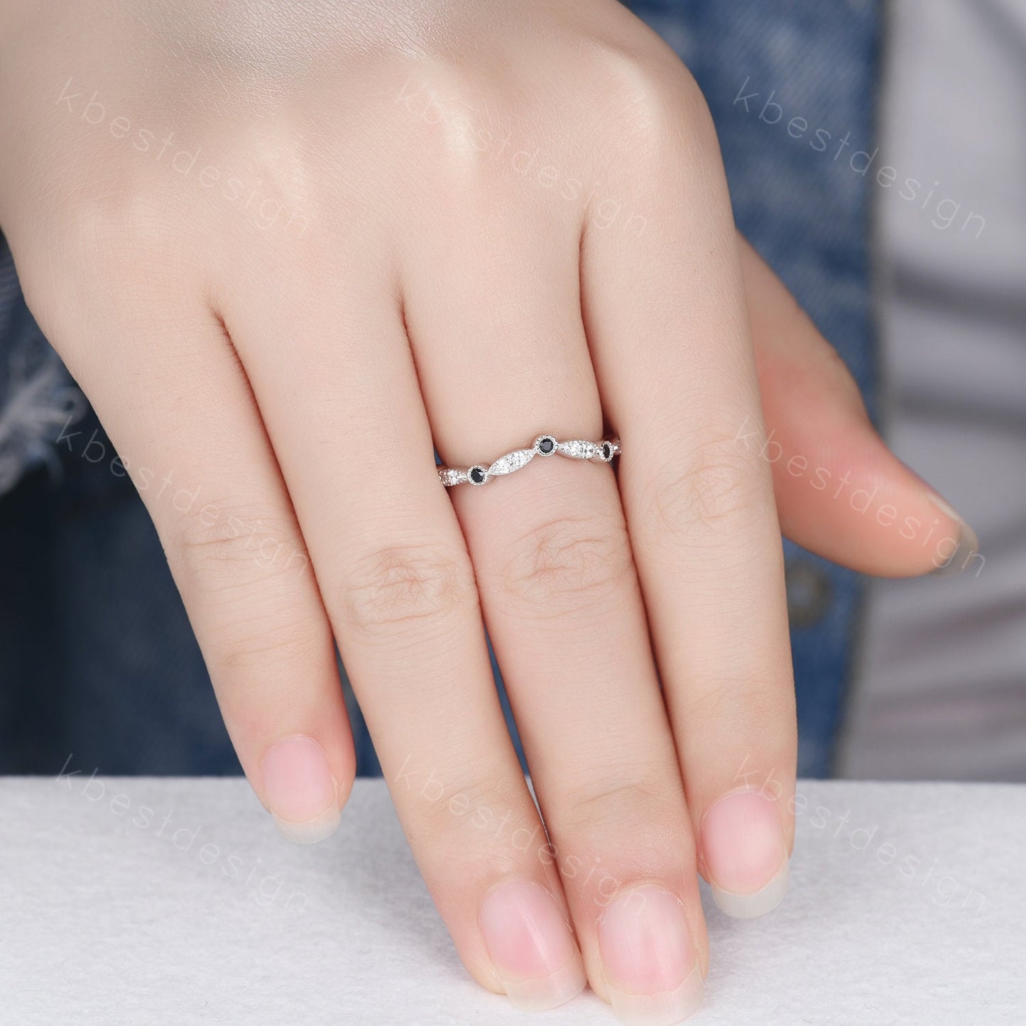 Curved moissanite wedding band sterling silver black spinel wedding ring art deco stacking matching band women anniversary gift