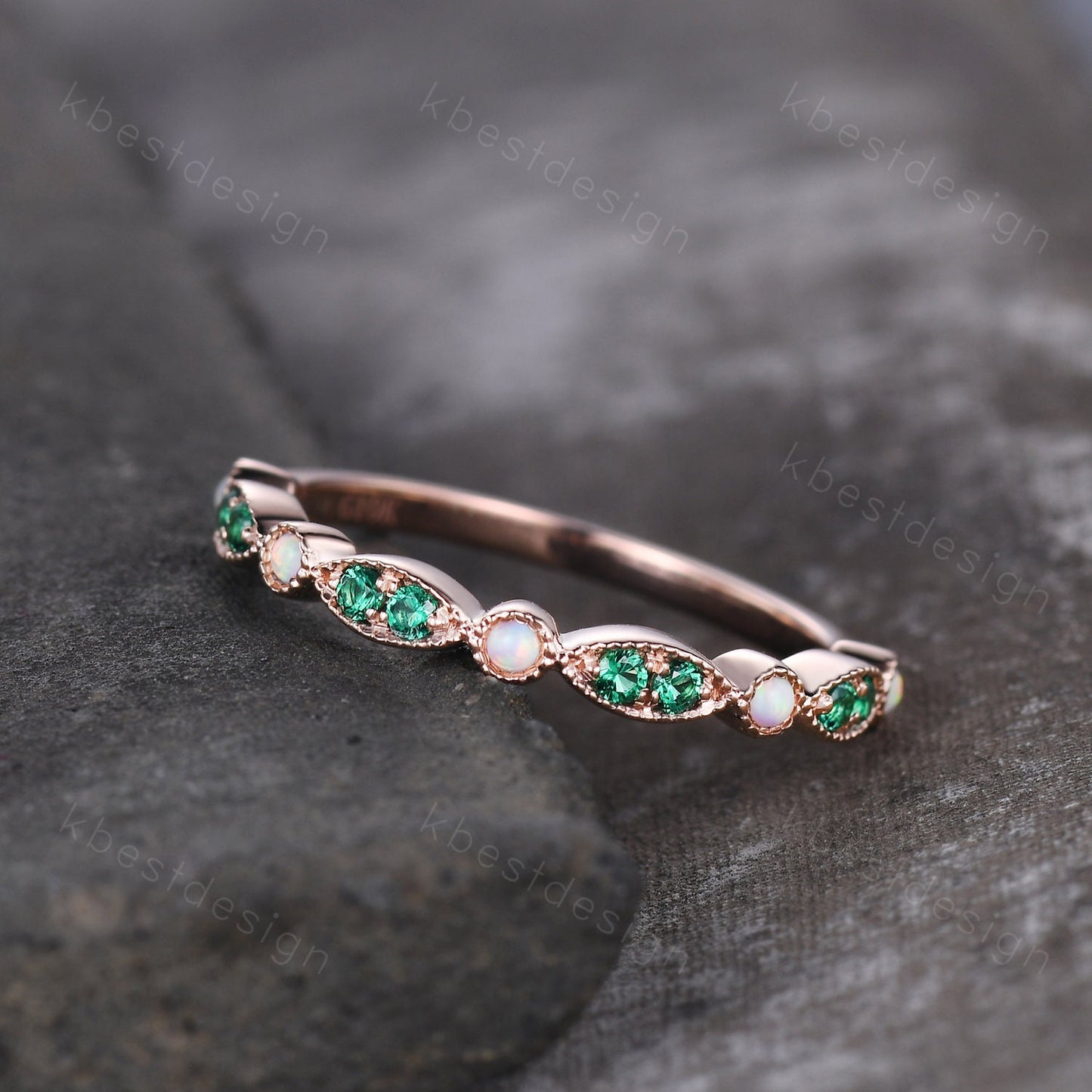Emerald Opal Wedding Band, Half Eternity Wedding Band, Art Deco Stacking Band, Opal Wedding Ring, Rose Gold Emerald Band, Anniversary Gift
