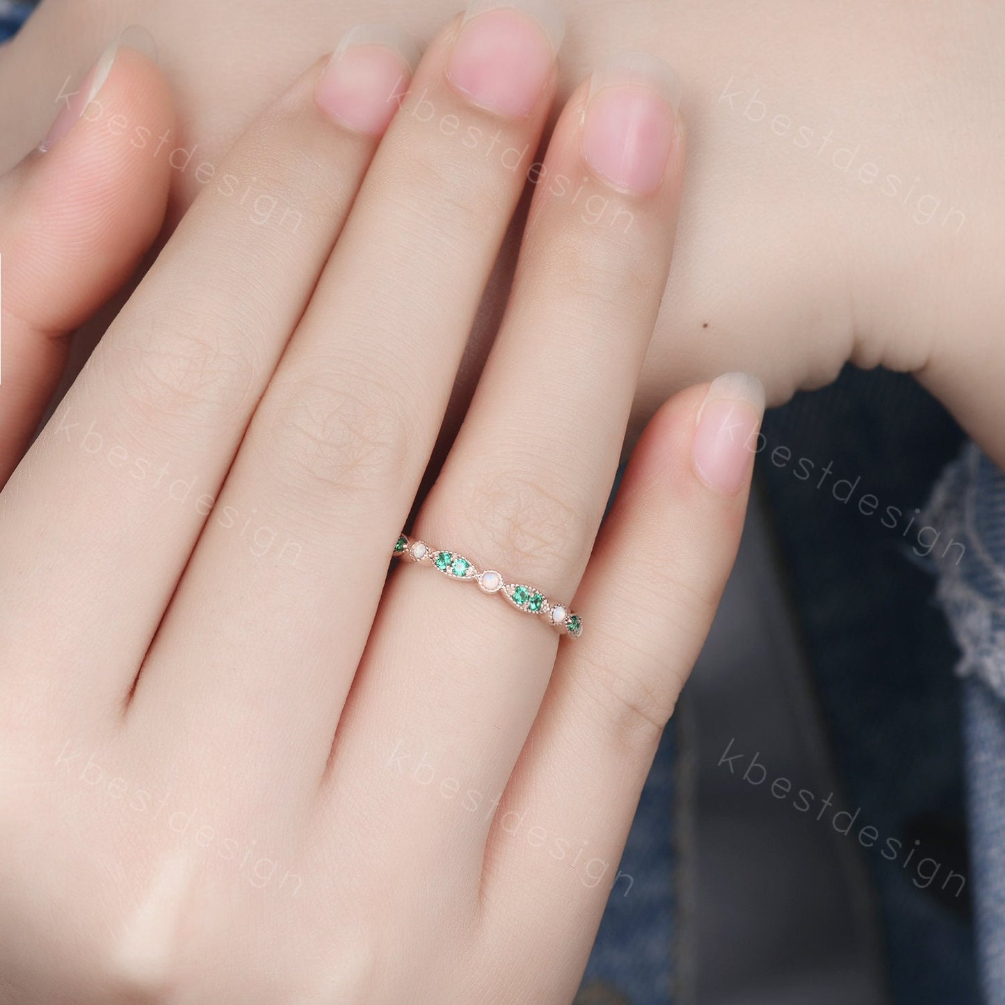 Emerald Opal Wedding Band, Half Eternity Wedding Band, Art Deco Stacking Band, Opal Wedding Ring, Rose Gold Emerald Band, Anniversary Gift