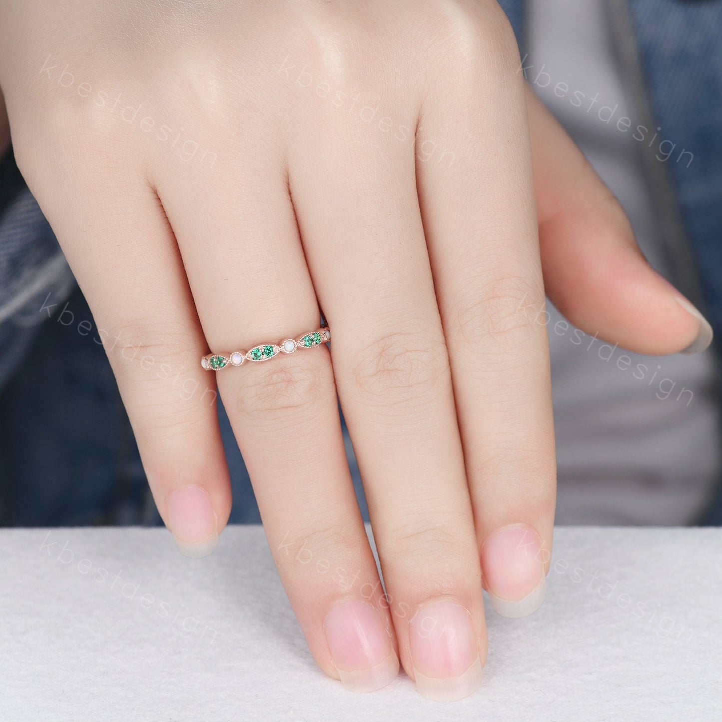 Emerald Opal Wedding Band, Half Eternity Wedding Band, Art Deco Stacking Band, Opal Wedding Ring, Rose Gold Emerald Band, Anniversary Gift