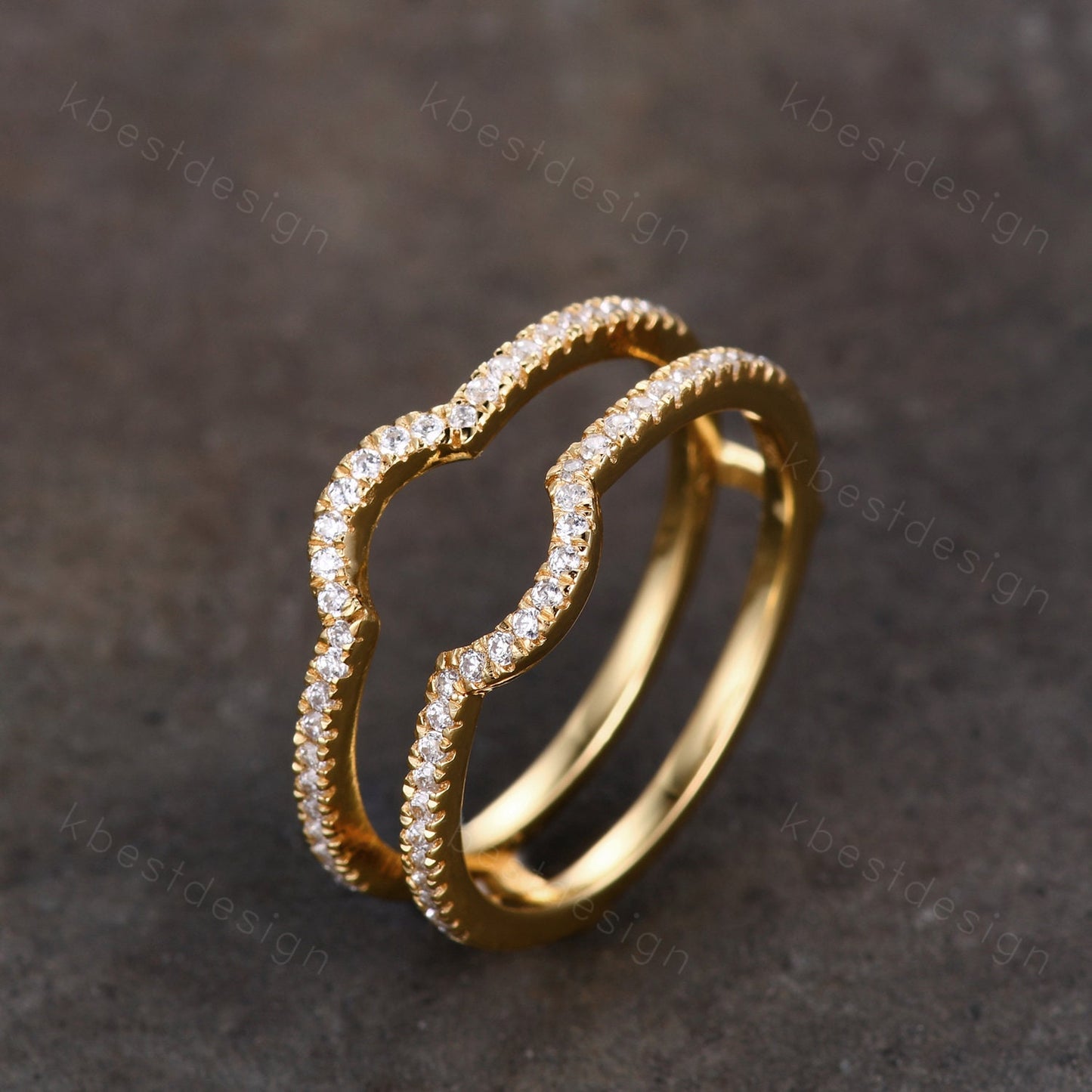 Dainty curved Moissanite wedding band Yellow gold double curve stacking band half eternity enhancer matching band Unique bridal promise gift