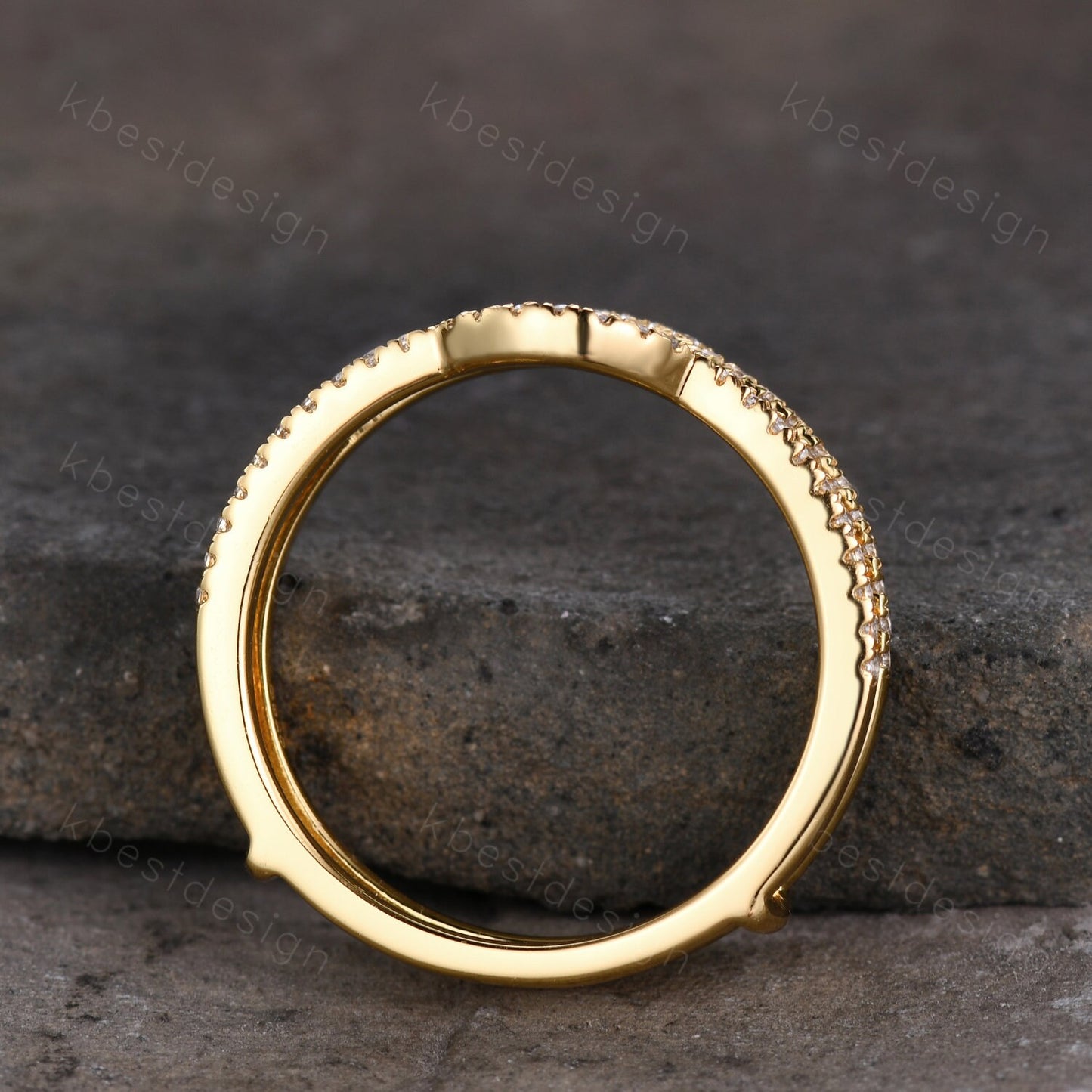 Dainty curved Moissanite wedding band Yellow gold double curve stacking band half eternity enhancer matching band Unique bridal promise gift