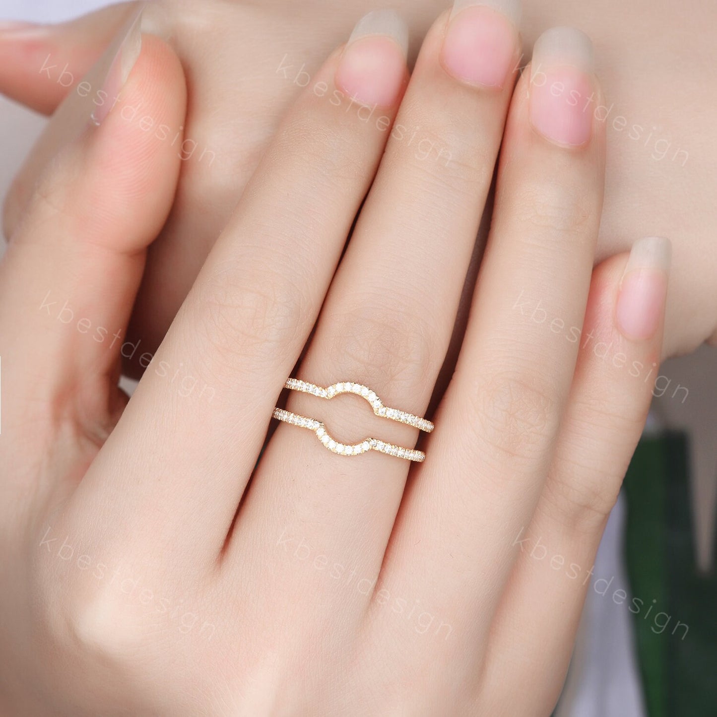 Dainty curved Moissanite wedding band White gold double curve stacking band half eternity enhancer matching band Unique bridal promise gift