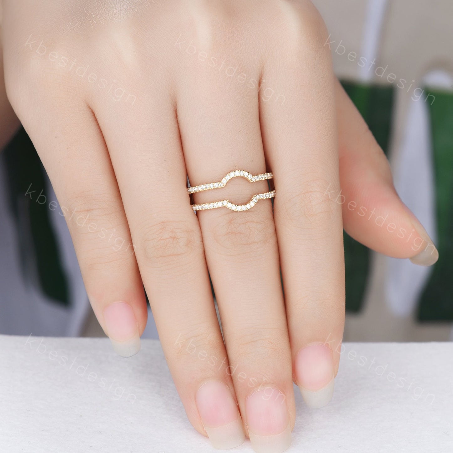 Dainty curved Moissanite wedding band Yellow gold double curve stacking band half eternity enhancer matching band Unique bridal promise gift