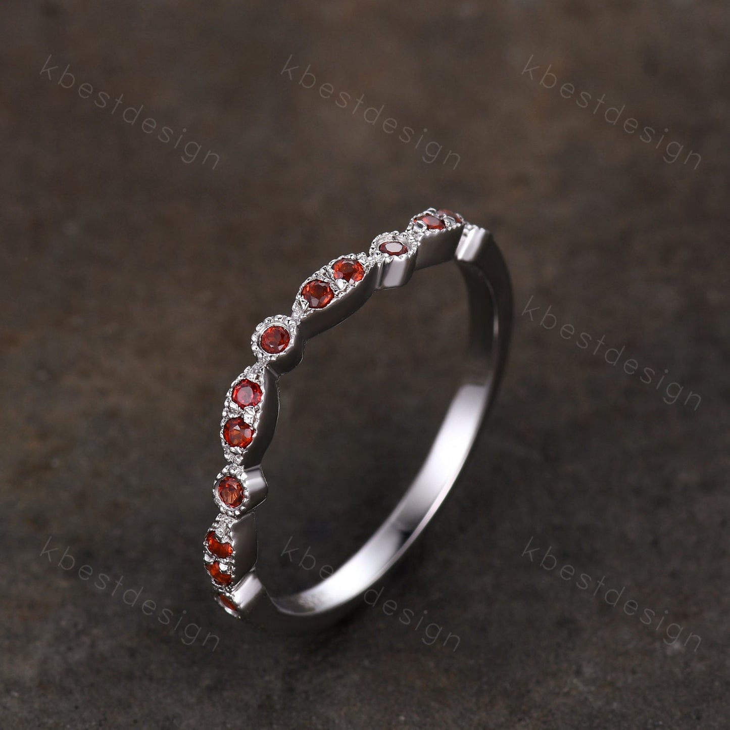 Art Deco Ring Half Eternity Garnet Wedding Band Delicate Curved Stacking Band January Birthstone Ring Sterling Silver Ring Anniversary Gift
