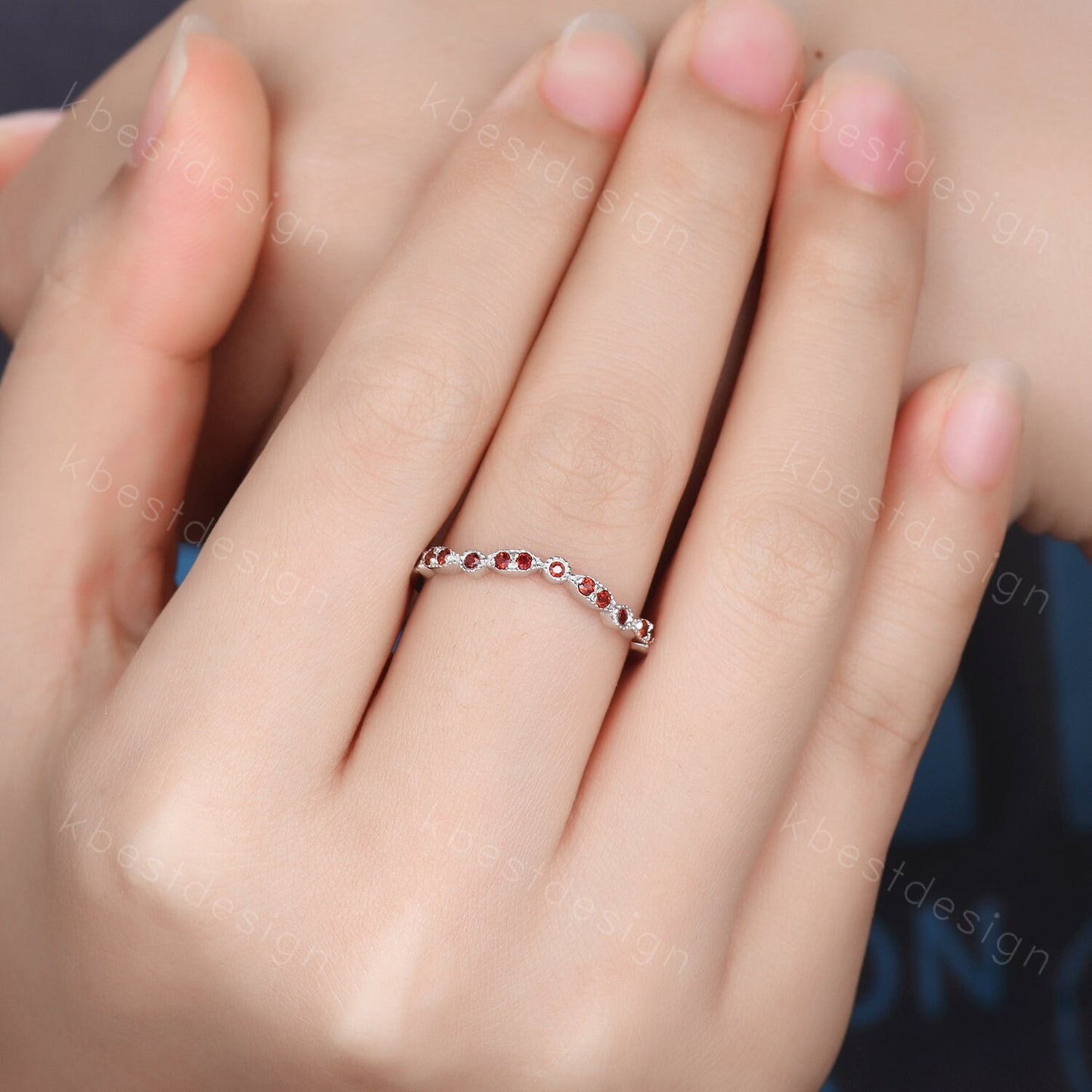Art Deco Ring Half Eternity Garnet Wedding Band Delicate Curved Stacking Band January Birthstone Ring Sterling Silver Ring Anniversary Gift