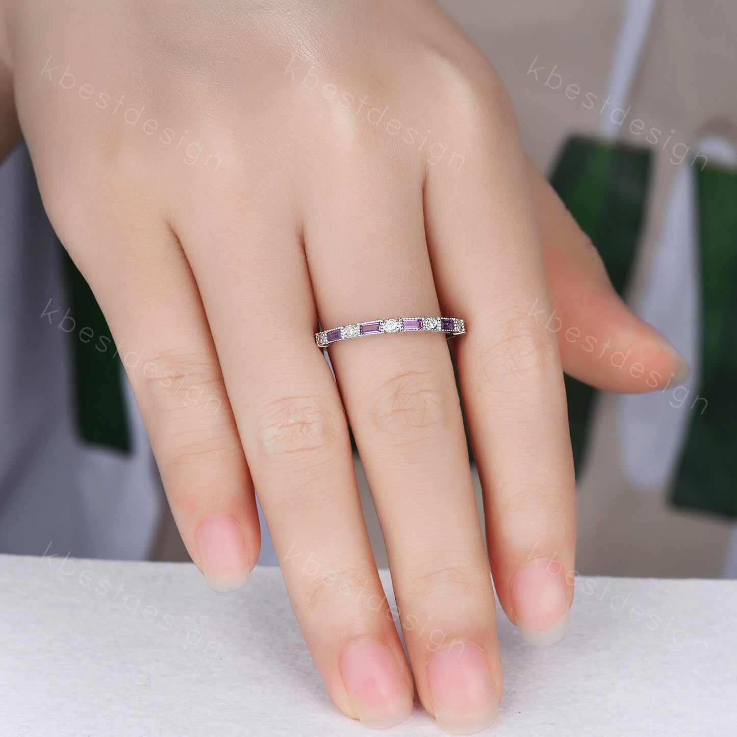 Natural Amethyst Ring, Baguette Amethyst Wedding Band, February Birthstone Ring, Art Deco Stacking Matching Band, Anniversary gift for women