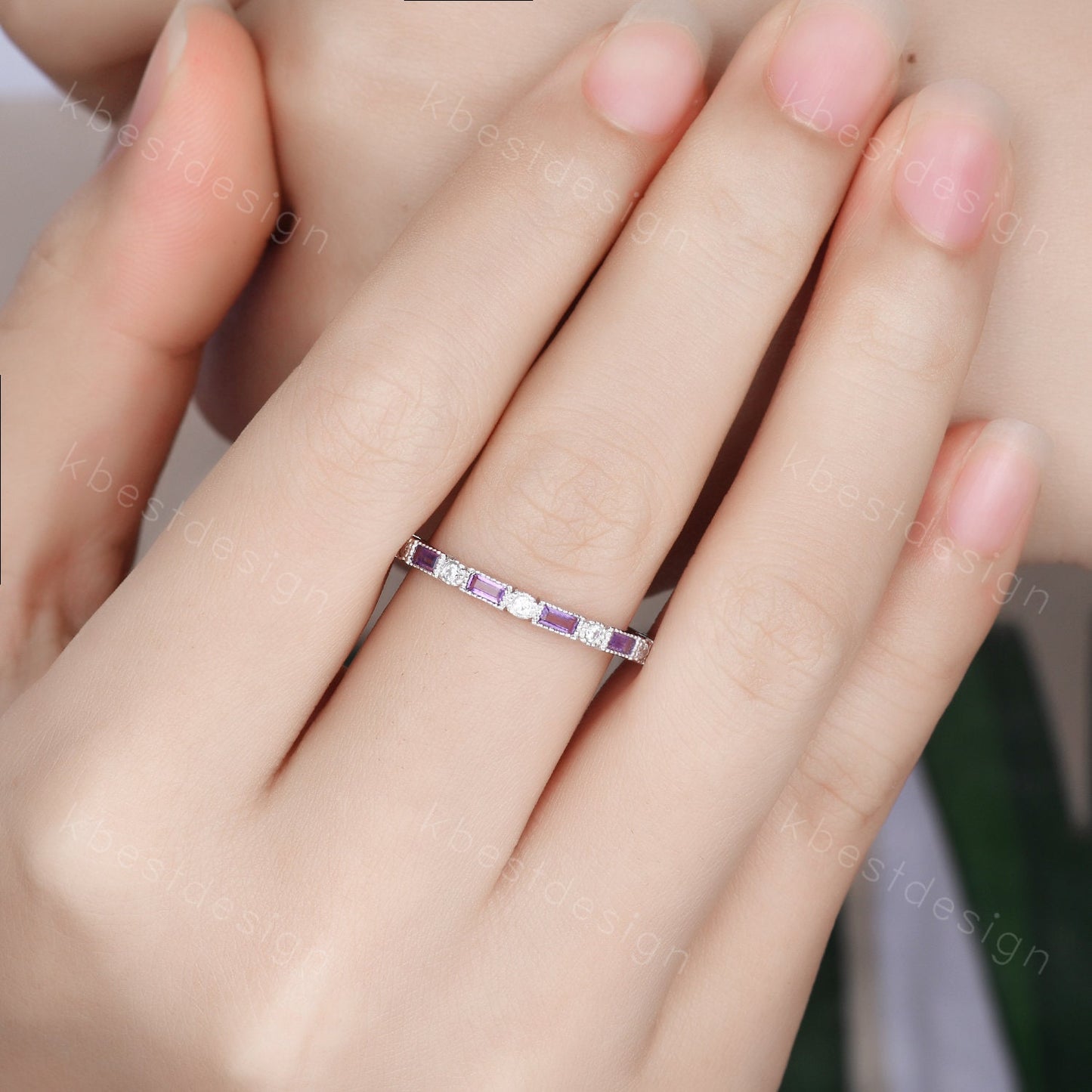 Natural Amethyst Ring, Baguette Amethyst Wedding Band, February Birthstone Ring, Art Deco Stacking Matching Band, Anniversary gift for women
