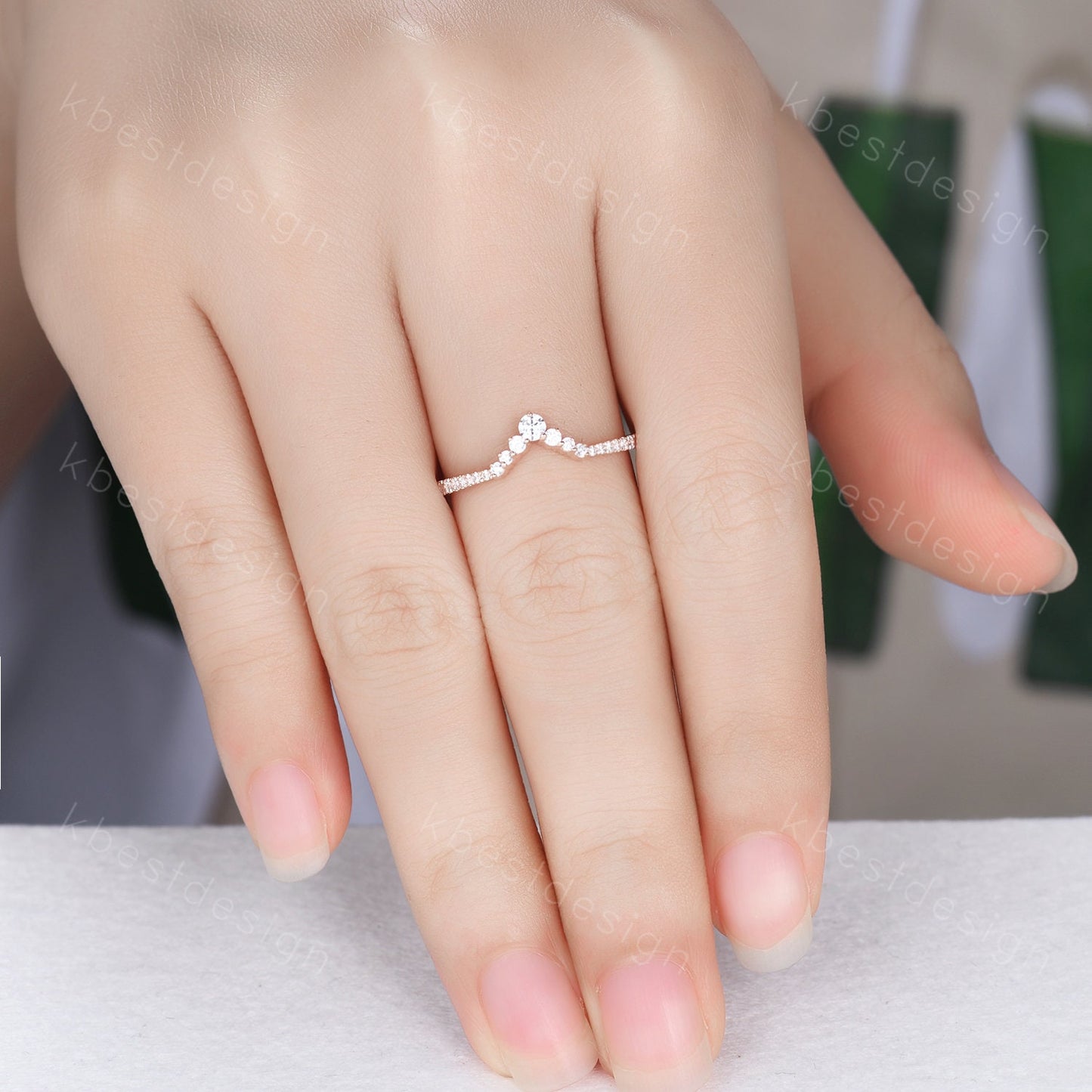 Curved wedding band women vintage round cut Diamond wedding band rose gold unique Moissanite Bridal Stacking promise gift for Her
