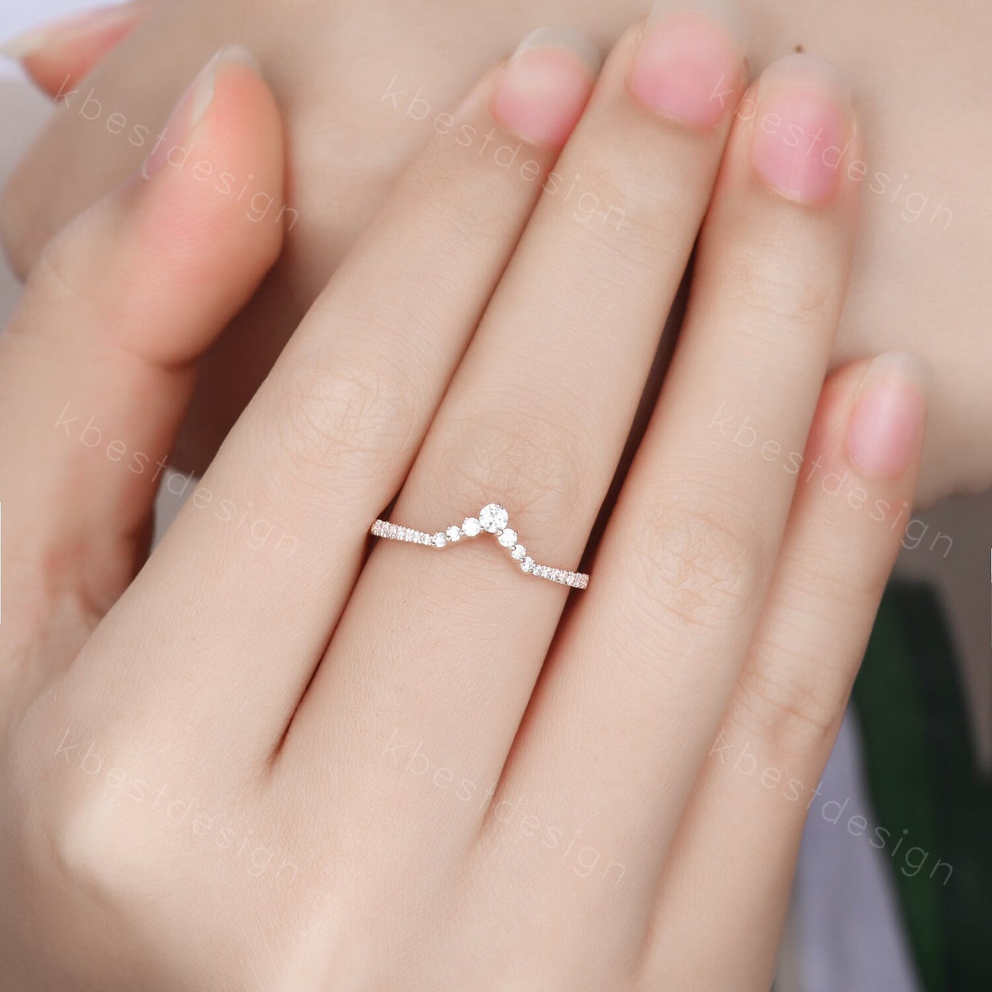 Curved wedding band women vintage round cut Diamond wedding band rose gold unique Moissanite Bridal Stacking promise gift for Her