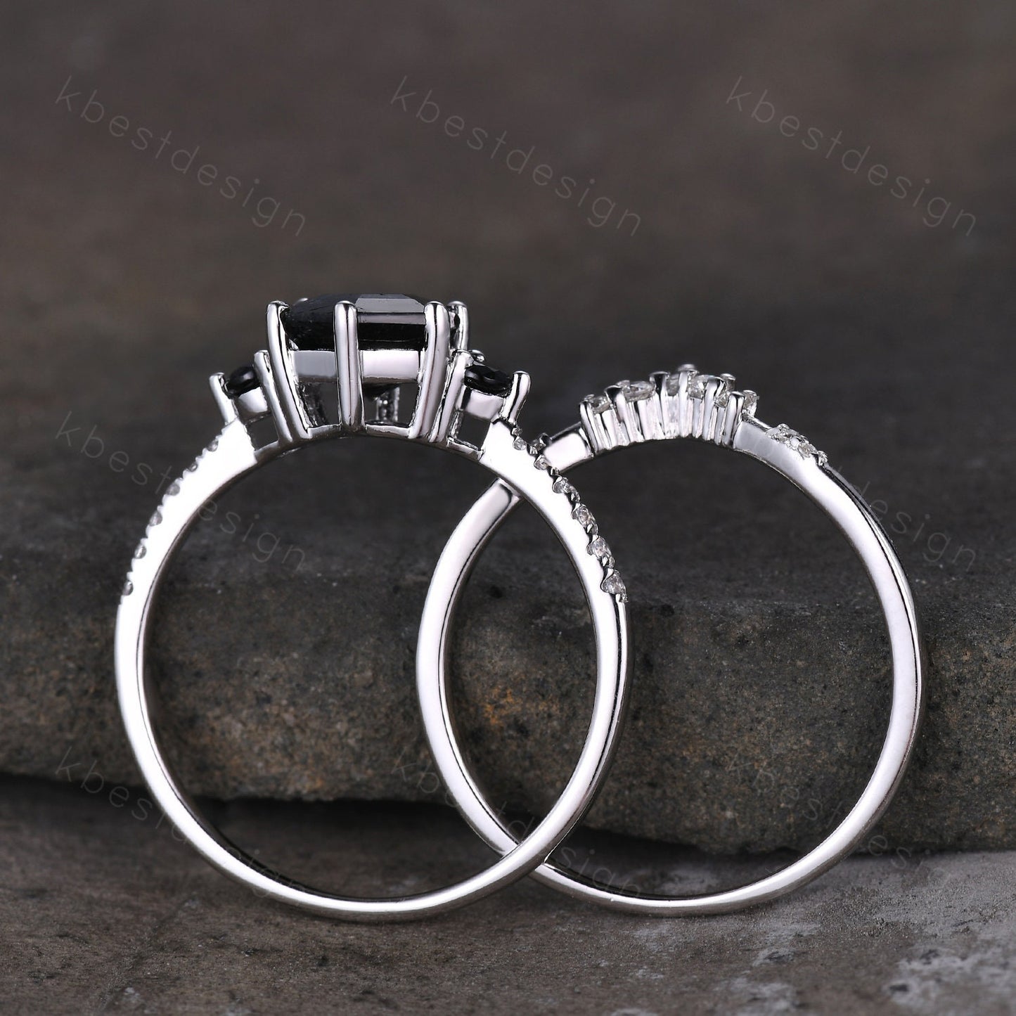 Natural black rutilated quartz engagement ring white gold hexagon cut ring unique curved moissanite stacking band bridal wedding promise set
