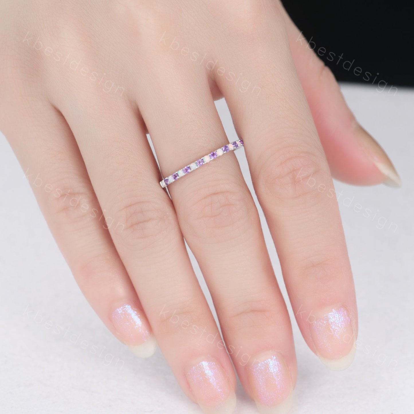 Half Eternity Opal Amethyst Wedding Band Dainty Silver Opal Wedding Ring Amethyst Ring Minimalist Stacking Matching Band Anniversary Gift