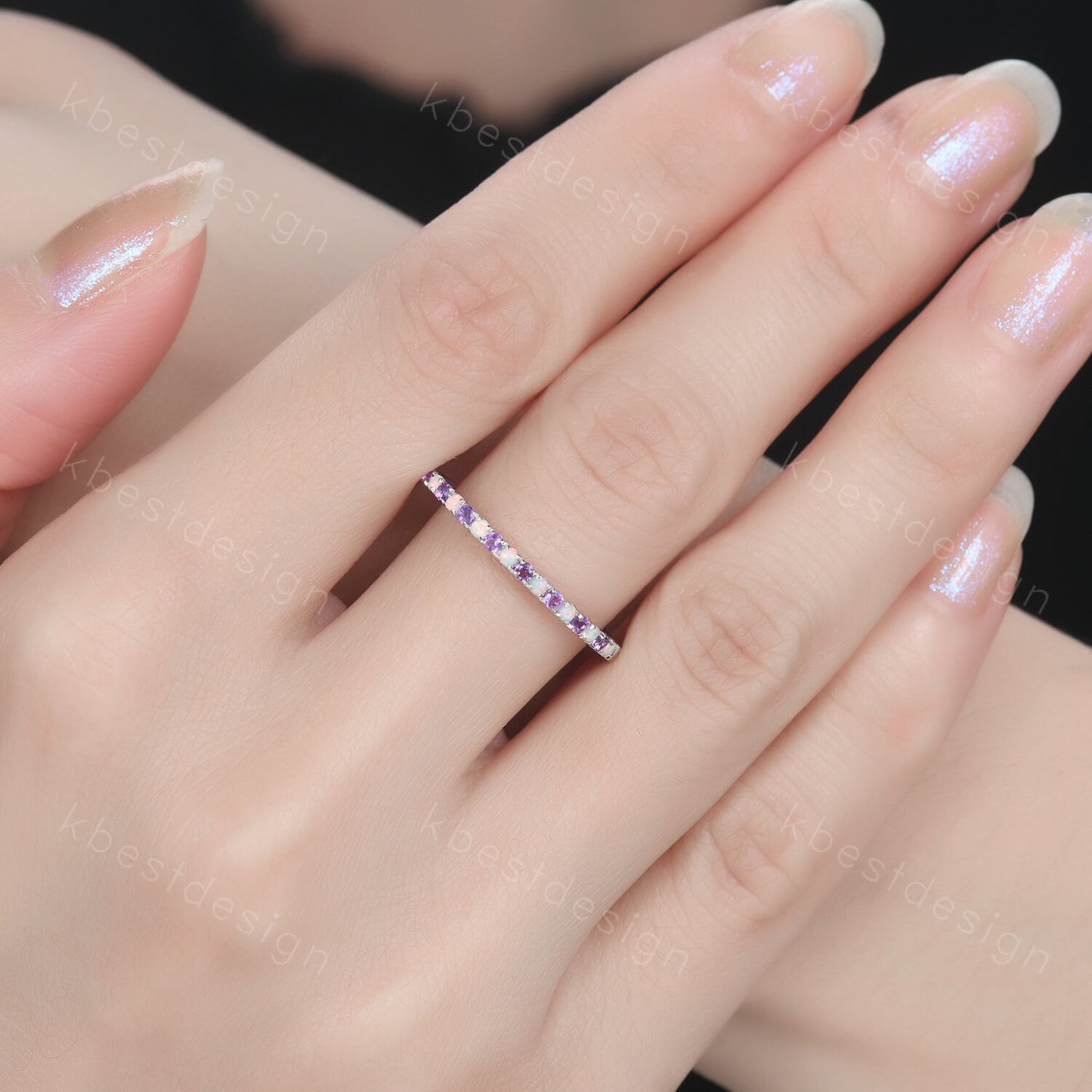 Half Eternity Opal Amethyst Wedding Band Dainty Silver Opal Wedding Ring Amethyst Ring Minimalist Stacking Matching Band Anniversary Gift