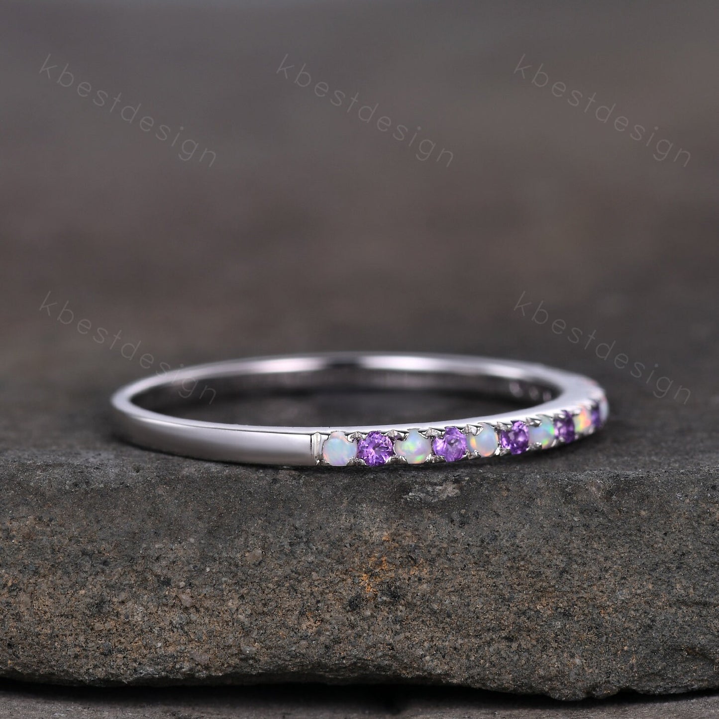 Half Eternity Opal Amethyst Wedding Band Dainty Silver Opal Wedding Ring Amethyst Ring Minimalist Stacking Matching Band Anniversary Gift