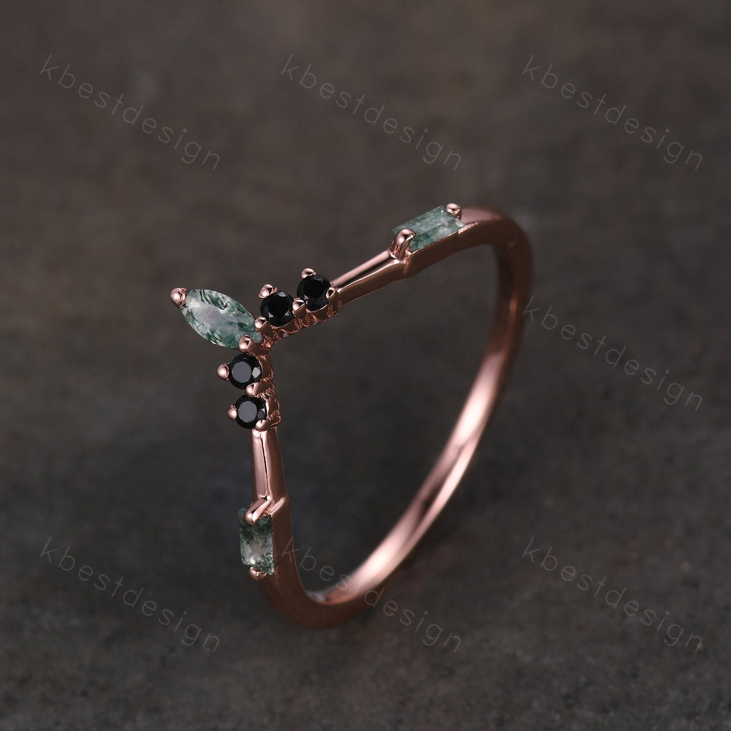 Curved Marquise cut Moss Agate Wedding Band Unique Rose Gold Wedding Band Black Spinel Ring Minimalist Bridal Matching Stackable band