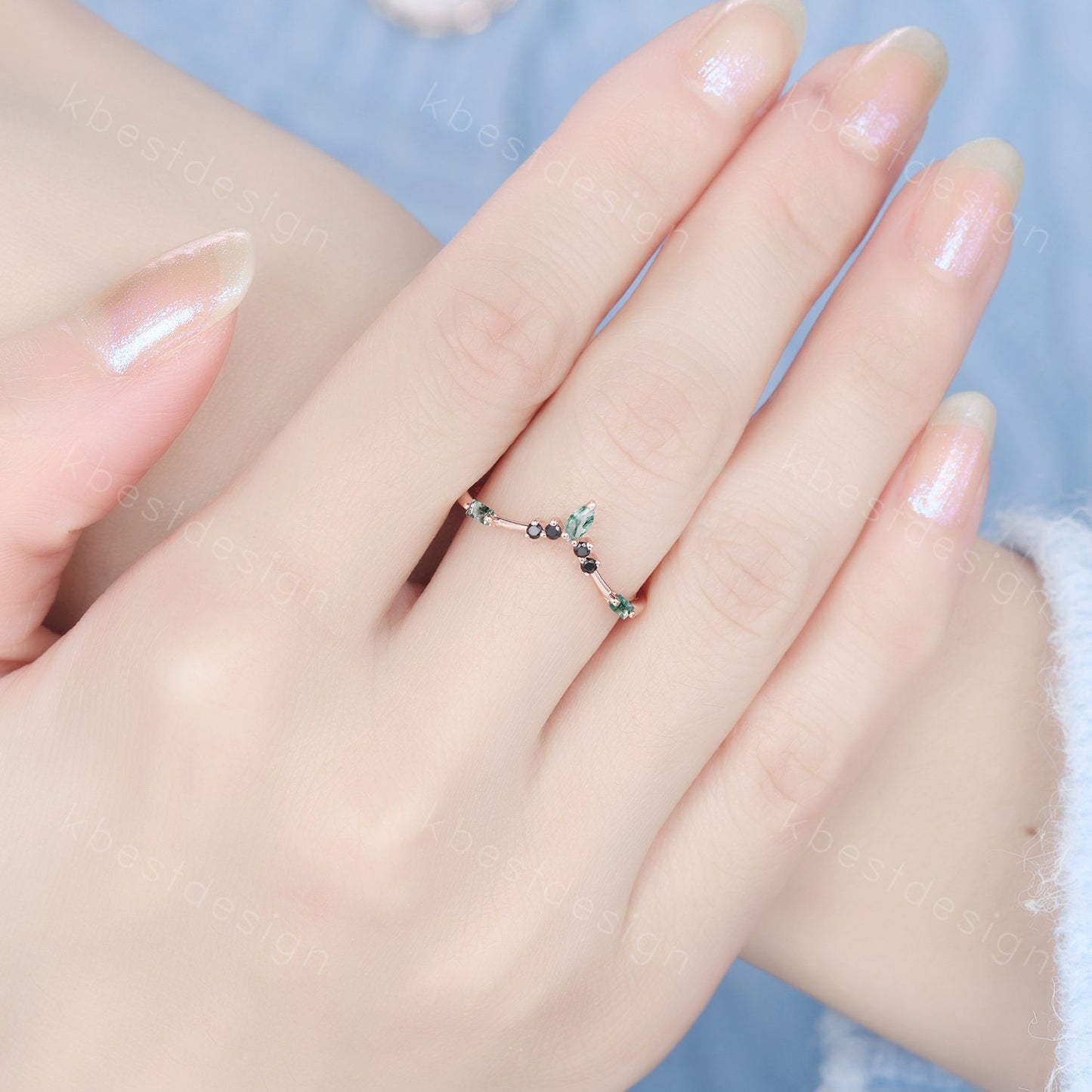 Curved Marquise cut Moss Agate Wedding Band Unique Rose Gold Wedding Band Black Spinel Ring Minimalist Bridal Matching Stackable band