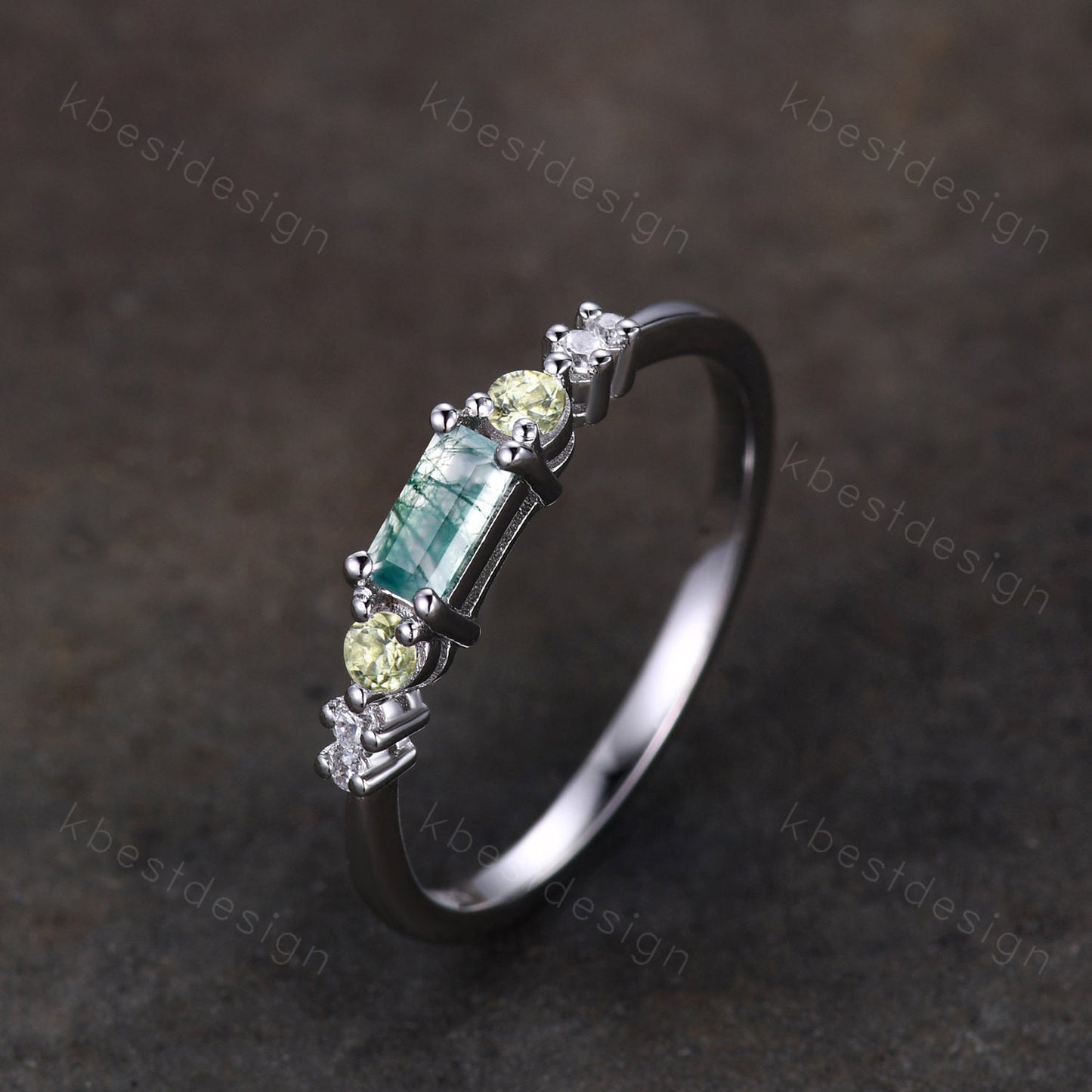 Vintage moss agate engagement ring unique baguette cut ring art deco peridot wedding band 7 stone ring moissanite wedding ring set for women