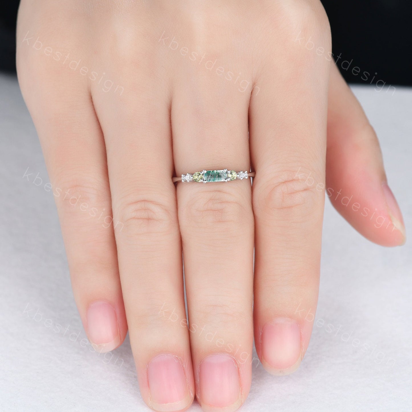 Vintage moss agate engagement ring unique baguette cut ring art deco peridot wedding band 7 stone ring moissanite wedding ring set for women