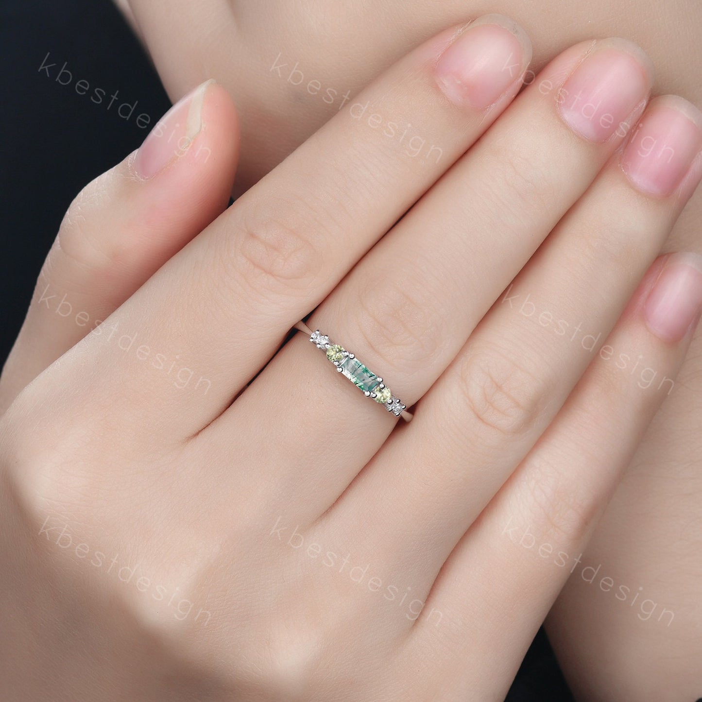 Vintage moss agate engagement ring unique baguette cut ring art deco peridot wedding band 7 stone ring moissanite wedding ring set for women
