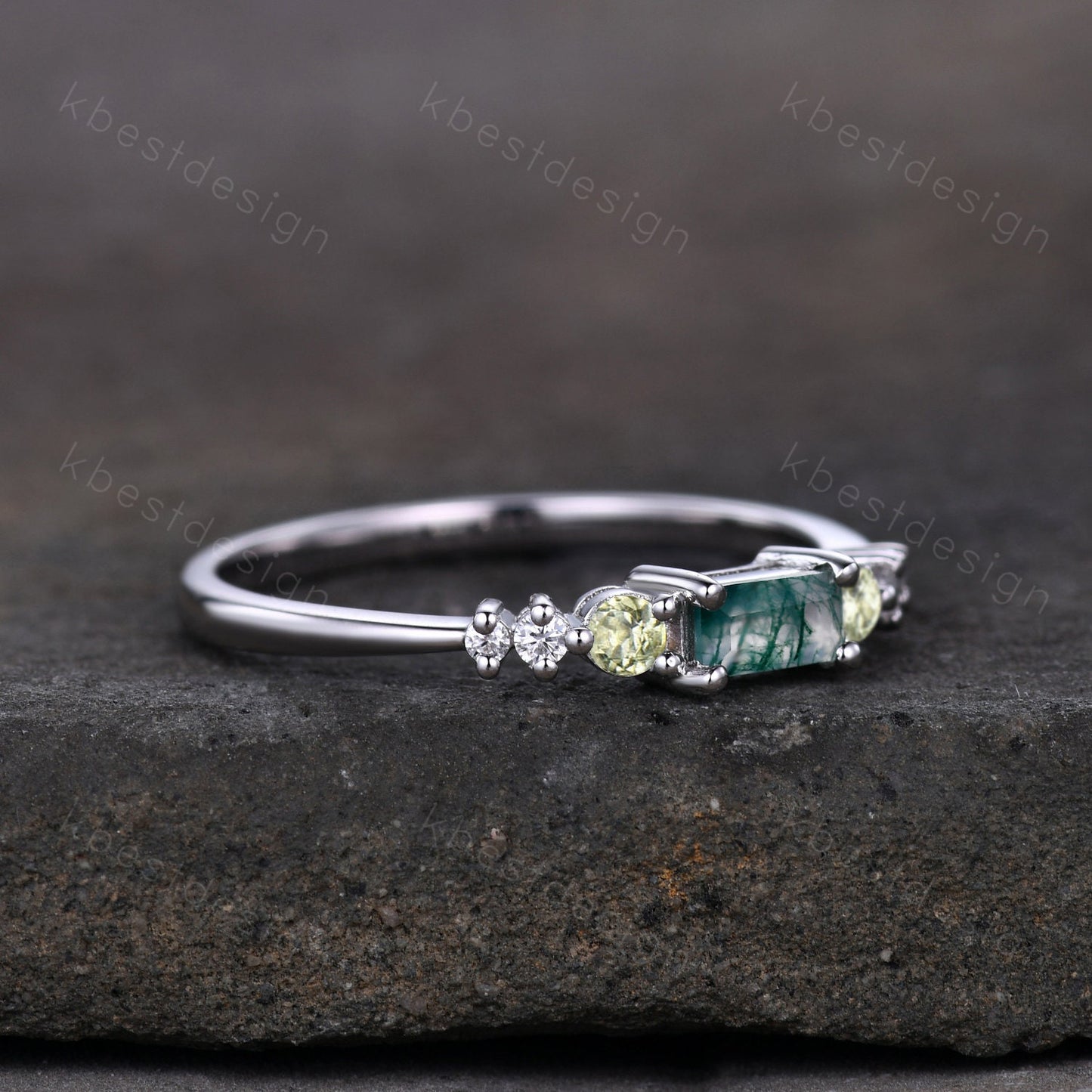 Vintage moss agate engagement ring unique baguette cut ring art deco peridot wedding band 7 stone ring moissanite wedding ring set for women