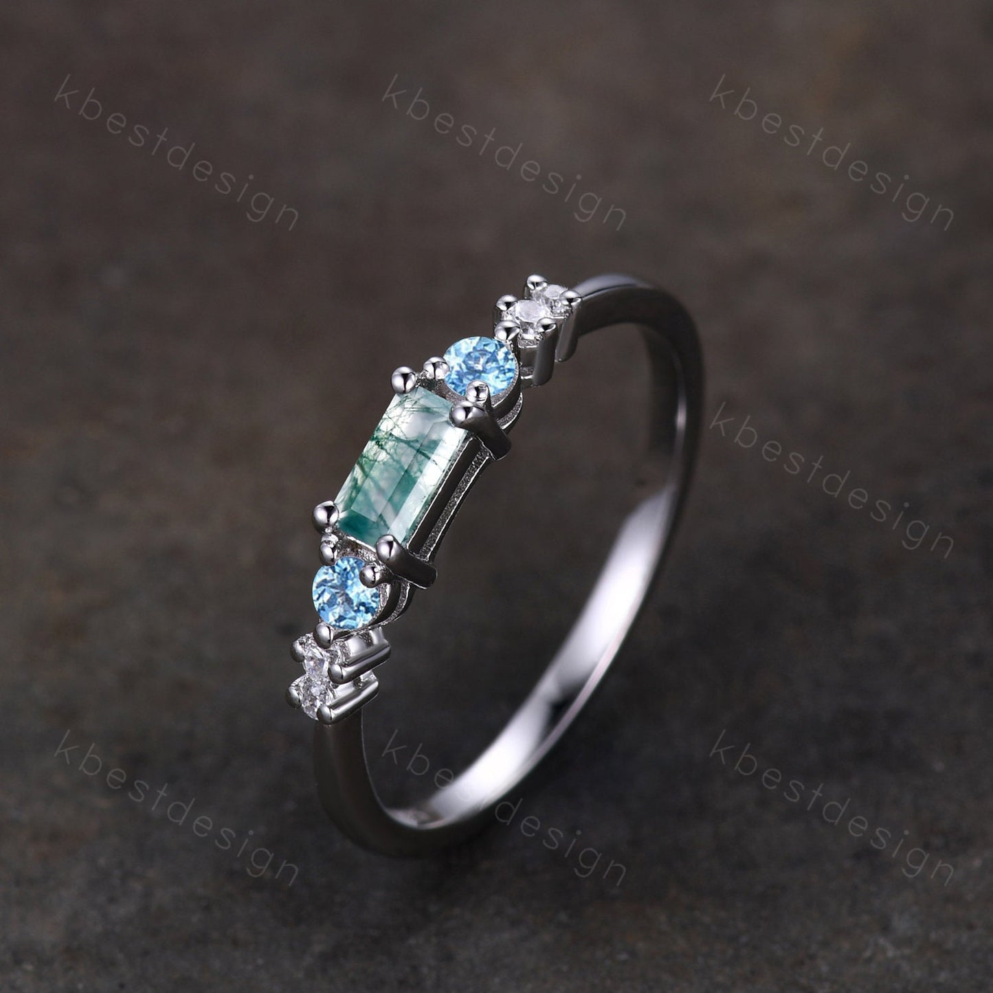 Vintage moss agate wedding ring unique baguette cut ring art deco blue topaz wedding band 7 stone ring moissanite wedding ring for women
