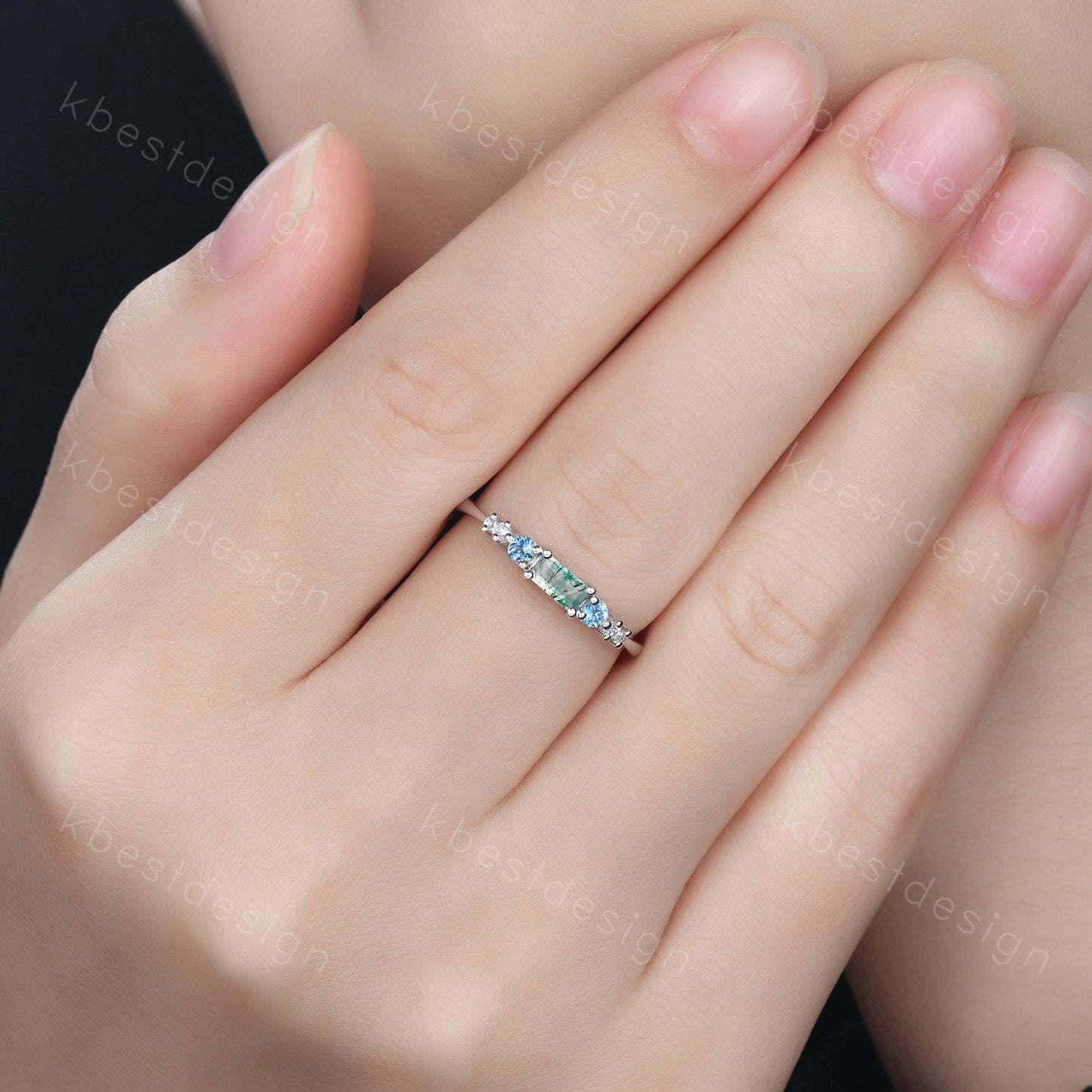 Vintage moss agate wedding ring unique baguette cut ring art deco blue topaz wedding band 7 stone ring moissanite wedding ring for women