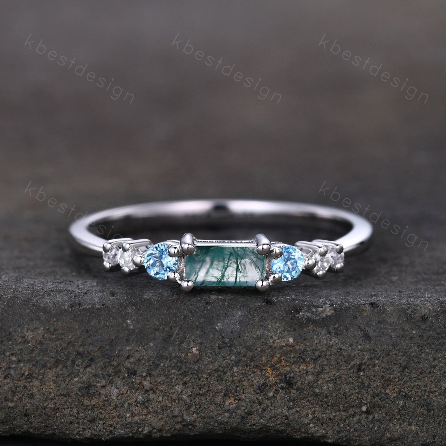 Vintage moss agate wedding ring unique baguette cut ring art deco blue topaz wedding band 7 stone ring moissanite wedding ring for women