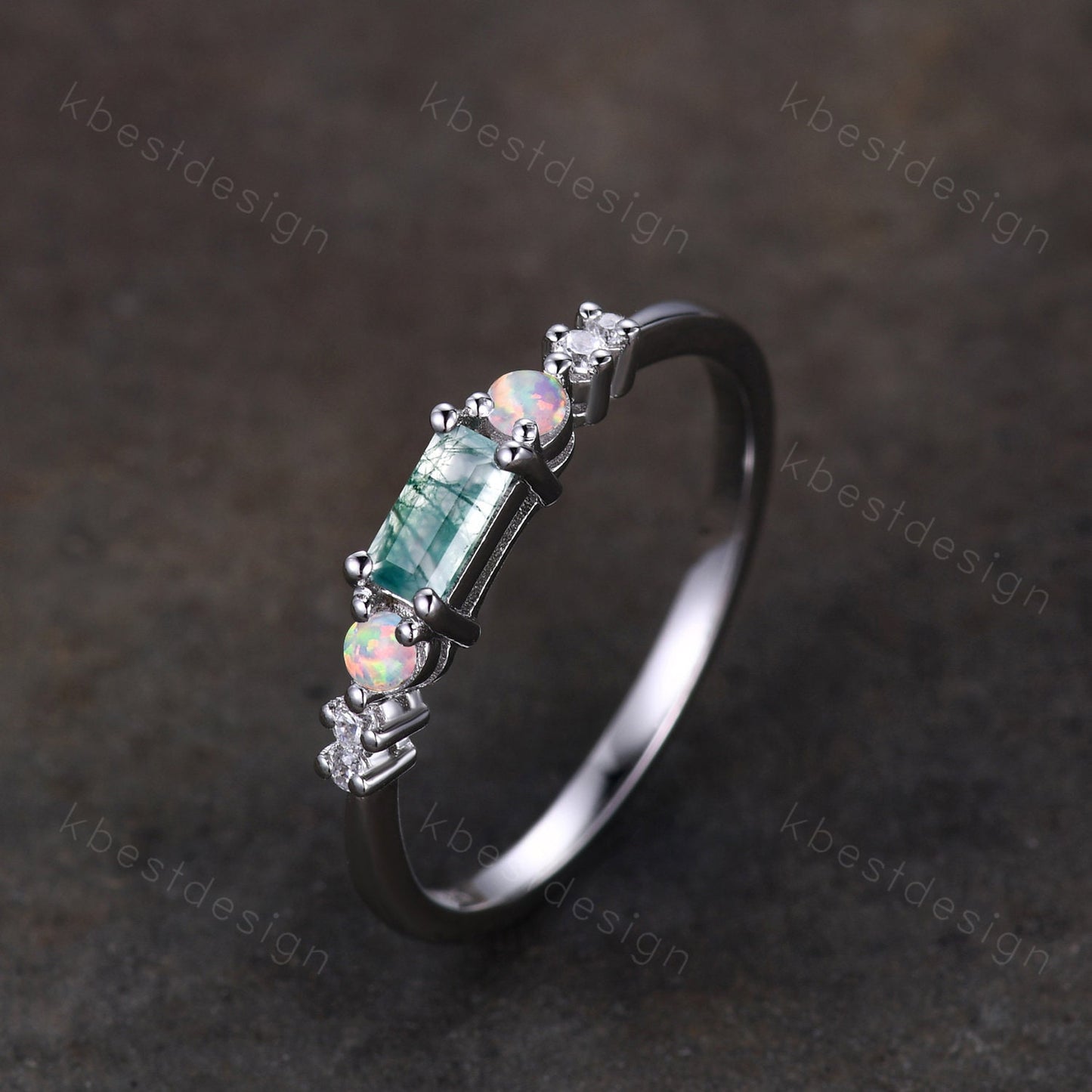 Baguette cut Moss Agate wedding band sterling silver Opal wedding band seven stone moissanite cluster ring unique women bridal ring