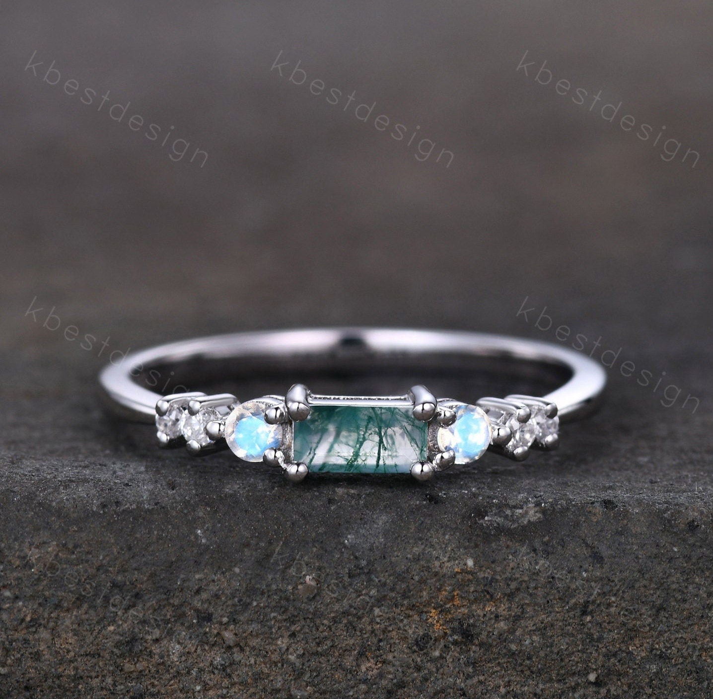 Baguette cut Moss Agate ring vintage seven stone ring unique moonstone wedding ring art deco cluster ring moissanite wedding promise ring