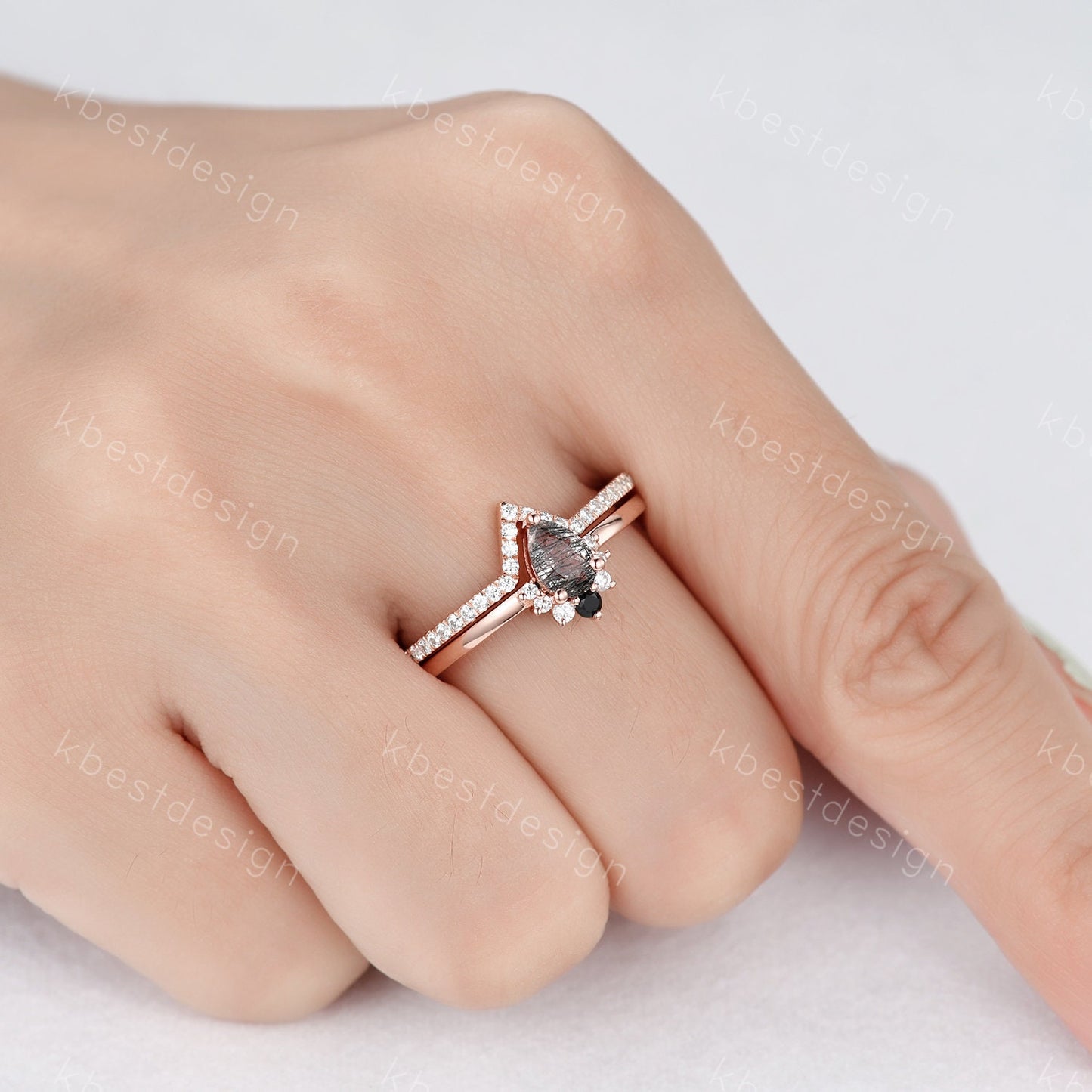 Dainty Black Rutilated Quartz Engagement Ring Set Rose Gold Art Deco Moissanite Stacking Band Minimalist Ring Unique Wedding Bridal Ring Set