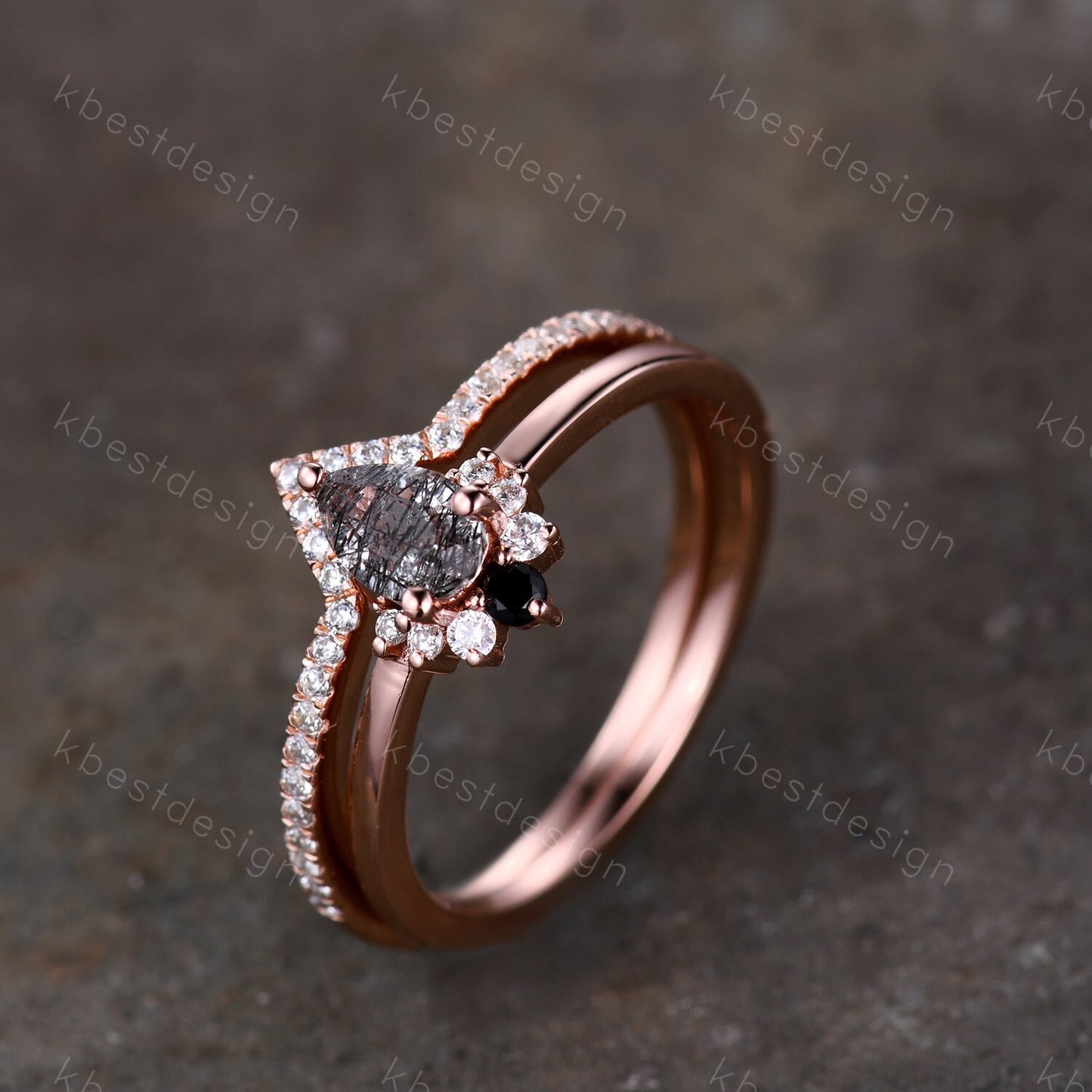 Dainty Black Rutilated Quartz Engagement Ring Set Rose Gold Art Deco Moissanite Stacking Band Minimalist Ring Unique Wedding Bridal Ring Set