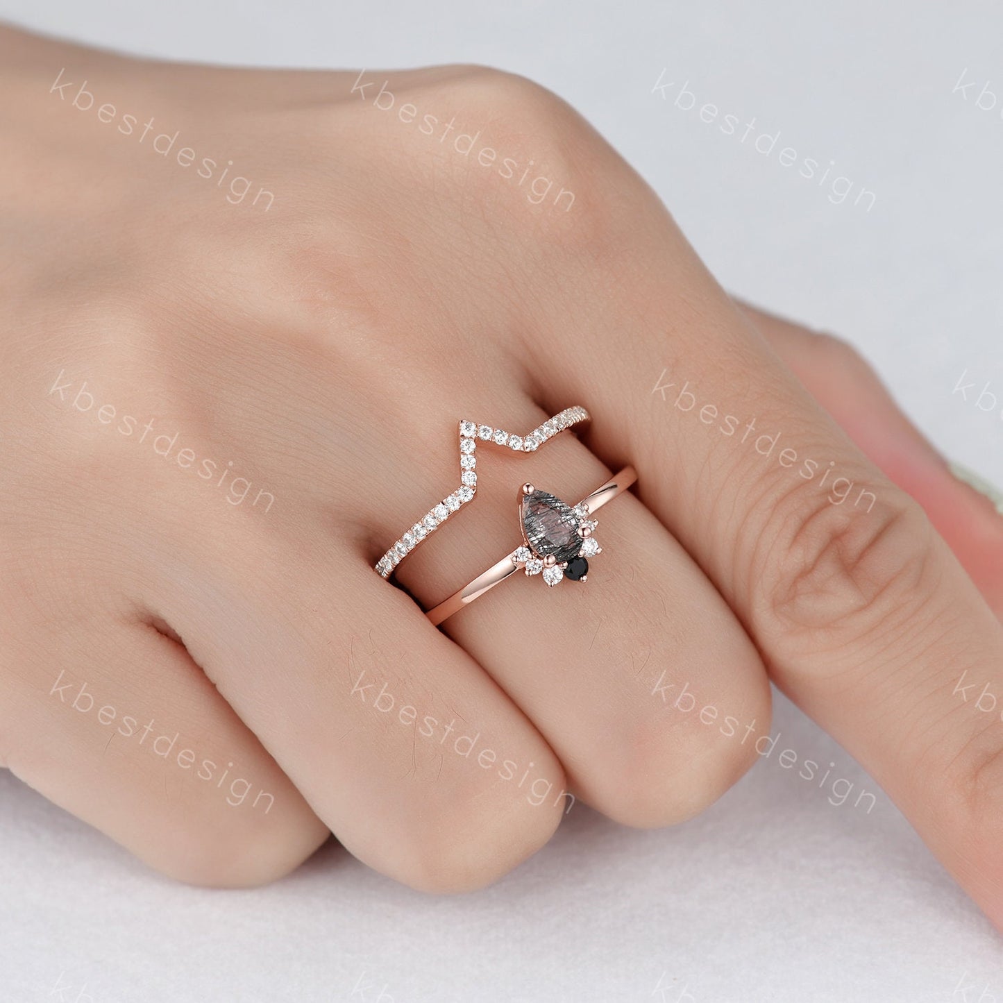 Dainty Black Rutilated Quartz Engagement Ring Set Rose Gold Art Deco Moissanite Stacking Band Minimalist Ring Unique Wedding Bridal Ring Set