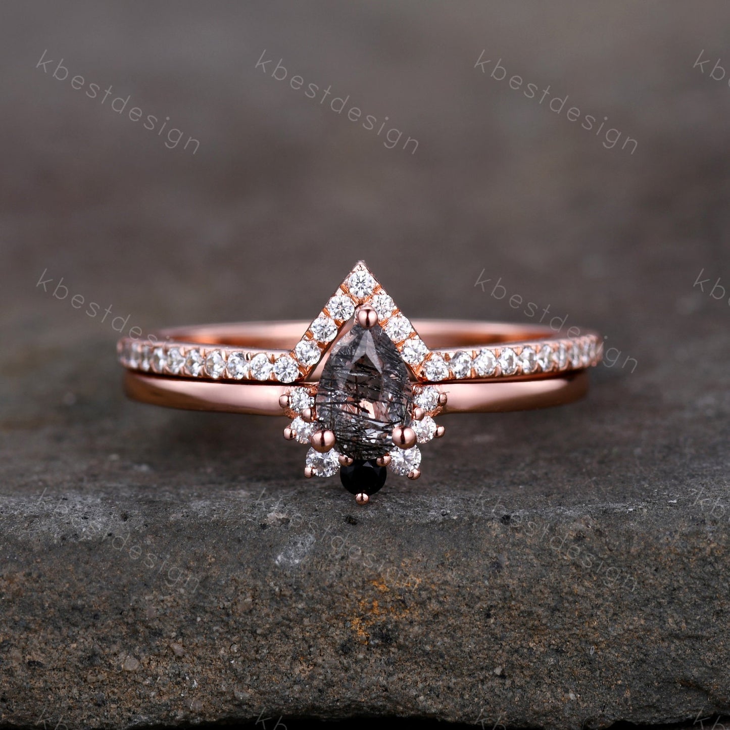 Dainty Black Rutilated Quartz Engagement Ring Set Rose Gold Art Deco Moissanite Stacking Band Minimalist Ring Unique Wedding Bridal Ring Set
