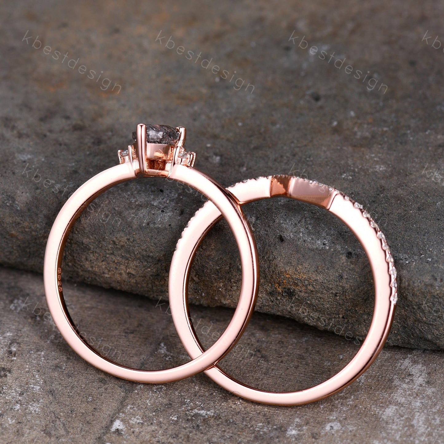 Dainty Black Rutilated Quartz Engagement Ring Set Rose Gold Art Deco Moissanite Stacking Band Minimalist Ring Unique Wedding Bridal Ring Set