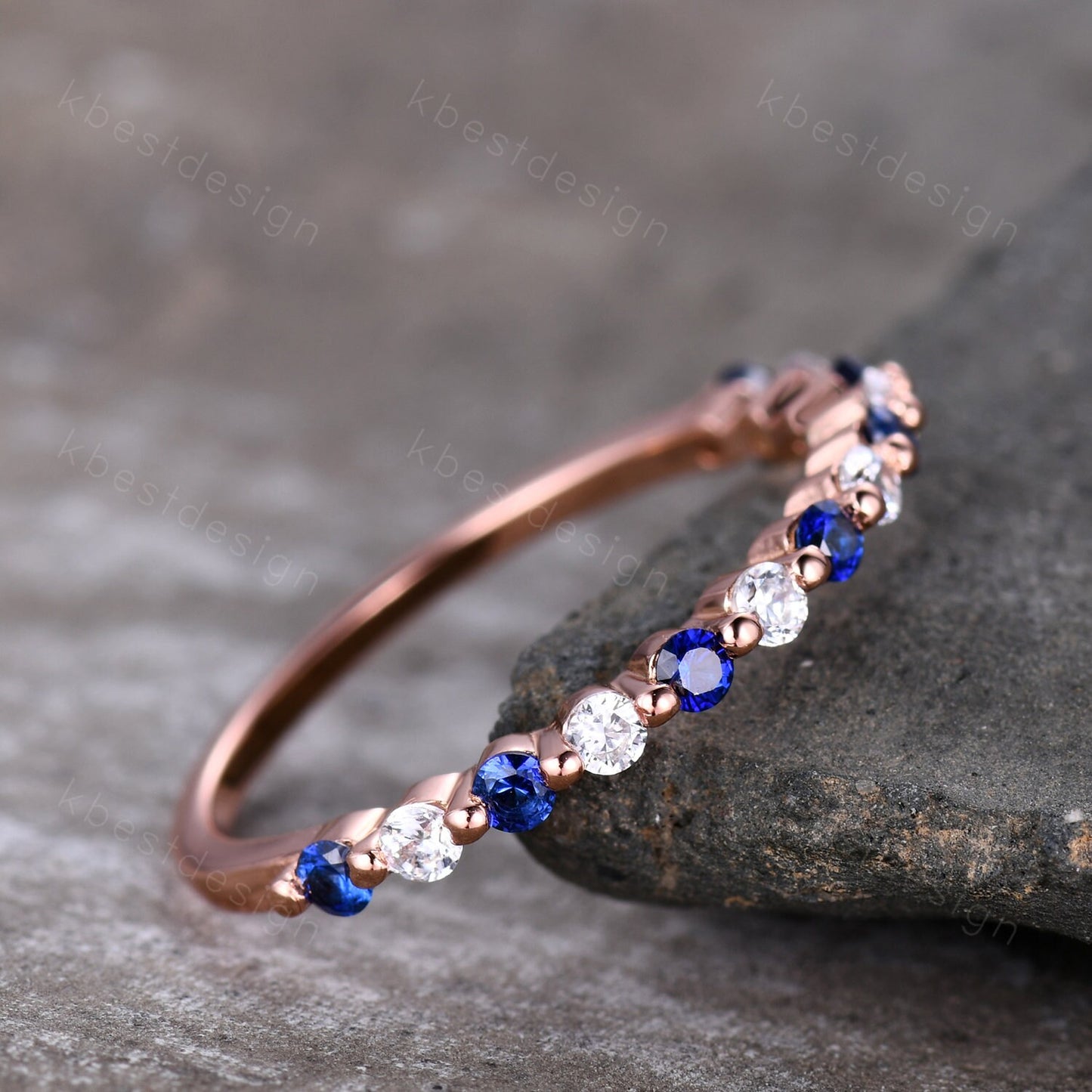 Half eternity Sapphire Moissanite Wedding Band Rose Gold Sapphire Band Unique Moissanite Stacking Band Minimalist Bridal Anniversary Ring