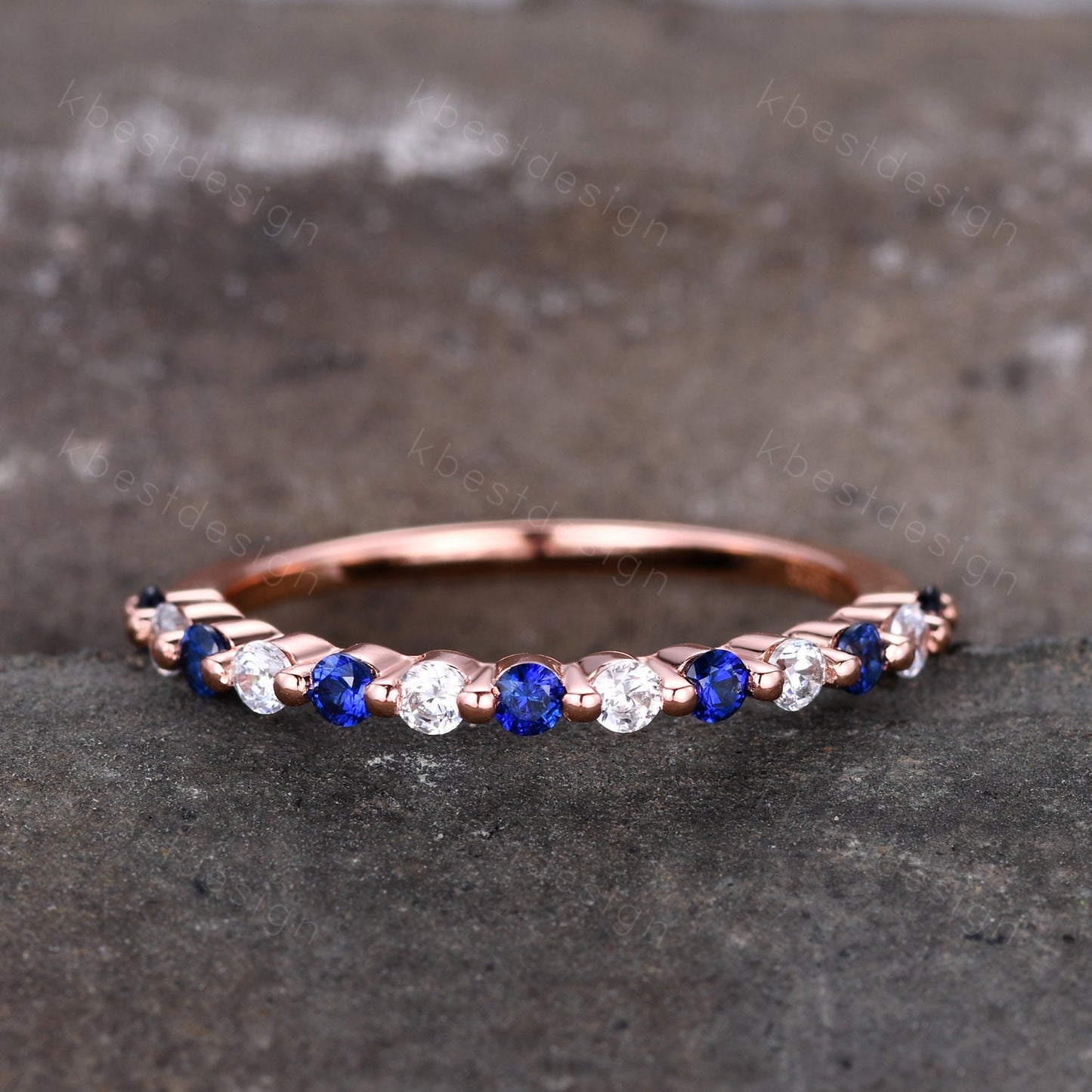 Half eternity Sapphire Moissanite Wedding Band Rose Gold Sapphire Band Unique Moissanite Stacking Band Minimalist Bridal Anniversary Ring