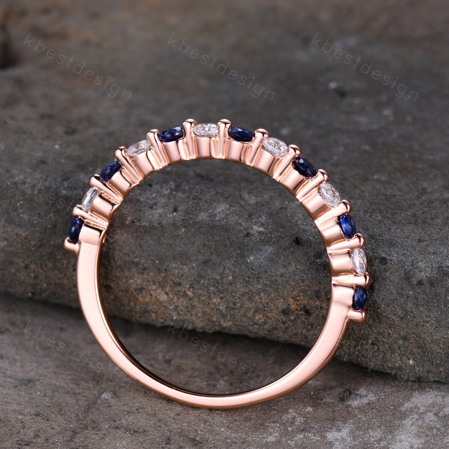 Half eternity Sapphire Moissanite Wedding Band Rose Gold Sapphire Band Unique Moissanite Stacking Band Minimalist Bridal Anniversary Ring