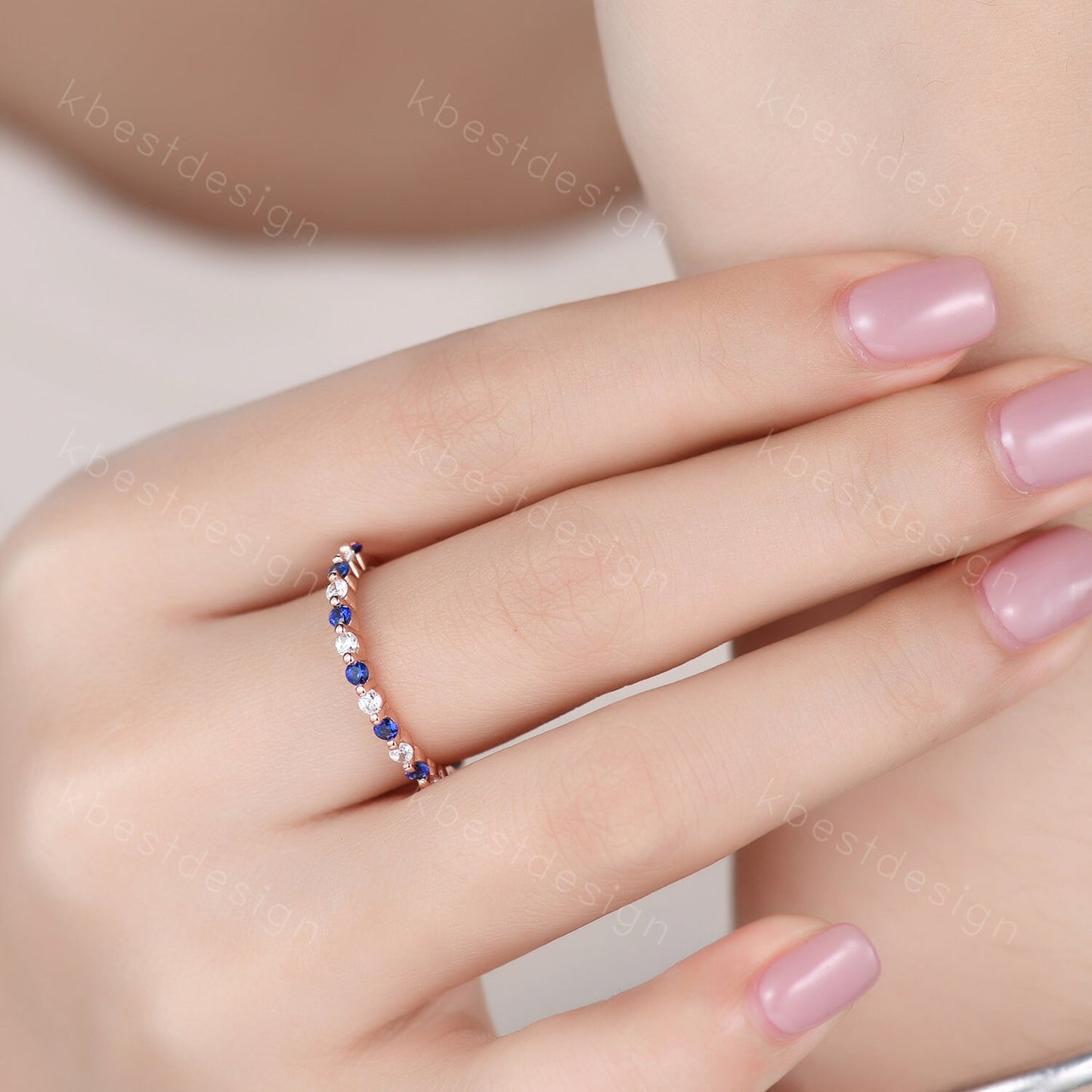 Half eternity Sapphire Moissanite Wedding Band Rose Gold Sapphire Band Unique Moissanite Stacking Band Minimalist Bridal Anniversary Ring