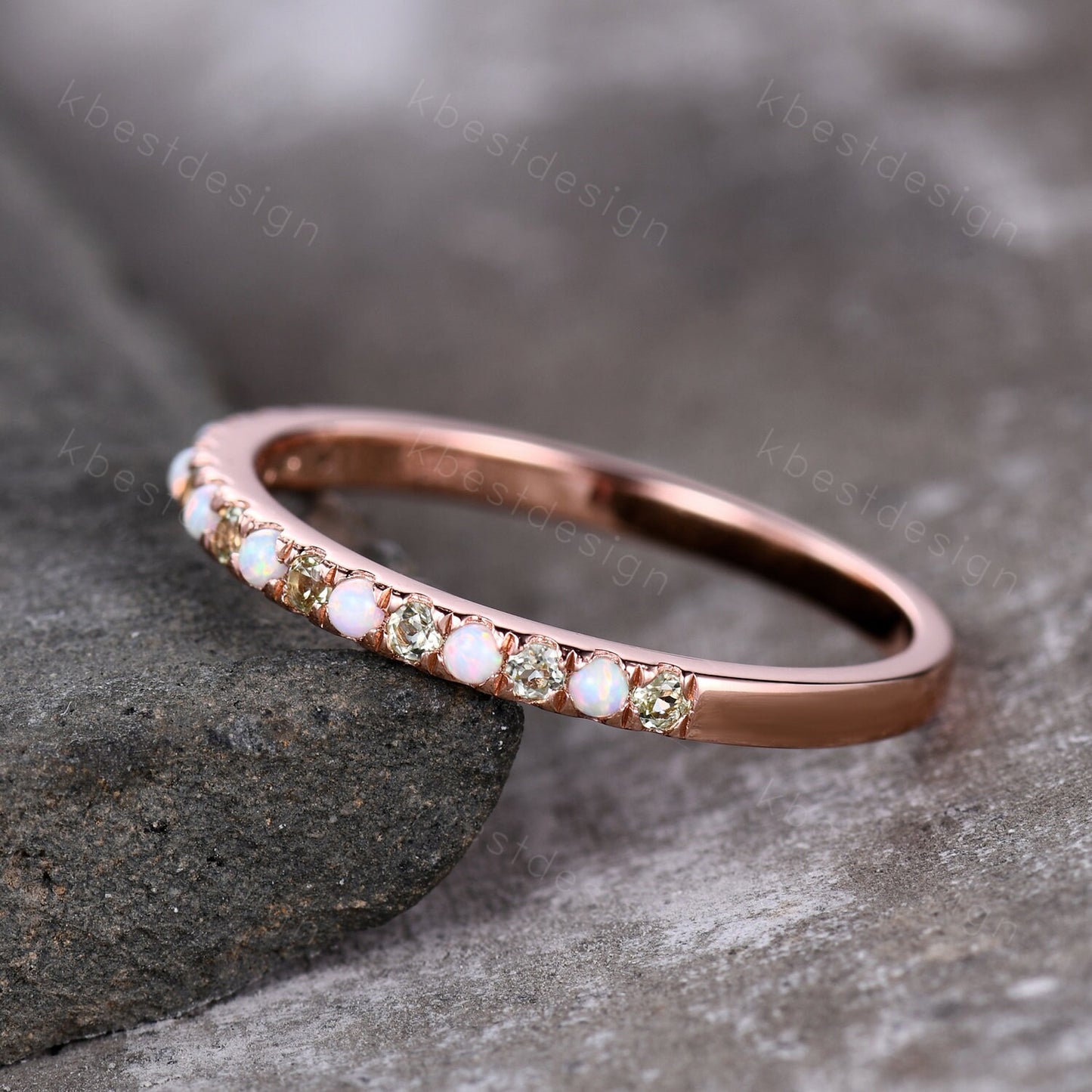 Half Eternity Peridot Opal Wedding Band, Rose Gold Wedding Ring, Opal Wedding Band, Dainty Stacking Matching Band, Anniversary Ring Gift