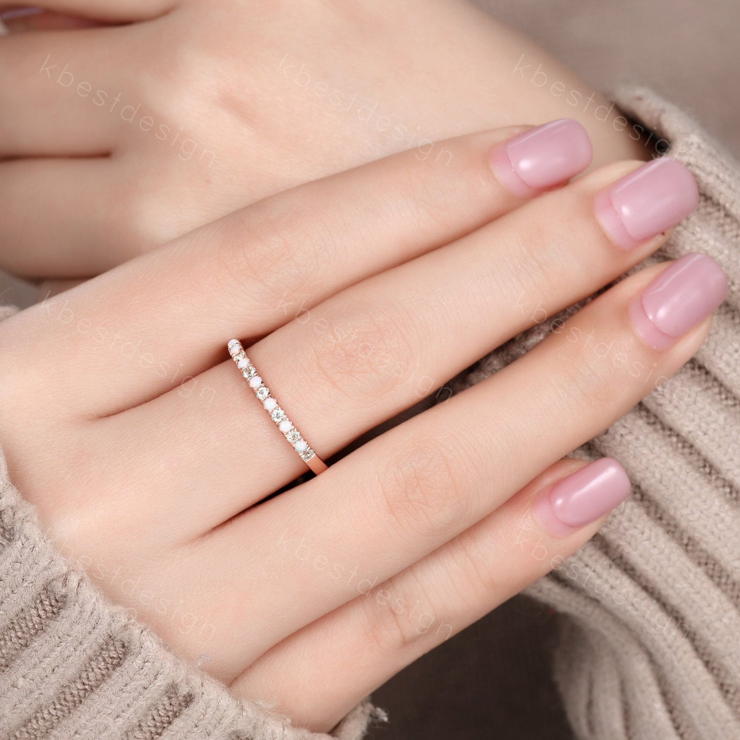 Half Eternity Peridot Opal Wedding Band, Rose Gold Wedding Ring, Opal Wedding Band, Dainty Stacking Matching Band, Anniversary Ring Gift