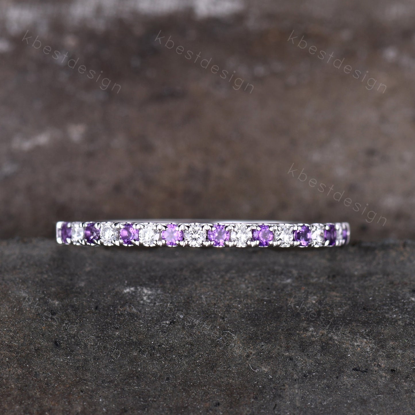 Delicate Amethyst Wedding Band Silver Amethyst Moissanite Band Minimalist Stackable Ring Half Eternity Wedding Band Promise Anniversary Ring