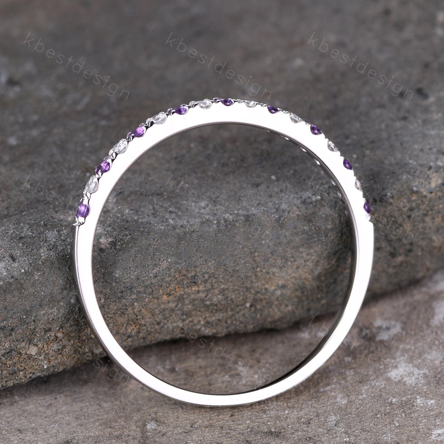 Delicate Amethyst Wedding Band Silver Amethyst Moissanite Band Minimalist Stackable Ring Half Eternity Wedding Band Promise Anniversary Ring