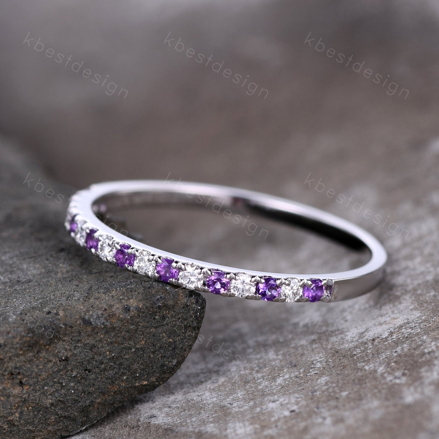 Delicate Amethyst Wedding Band Silver Amethyst Moissanite Band Minimalist Stackable Ring Half Eternity Wedding Band Promise Anniversary Ring