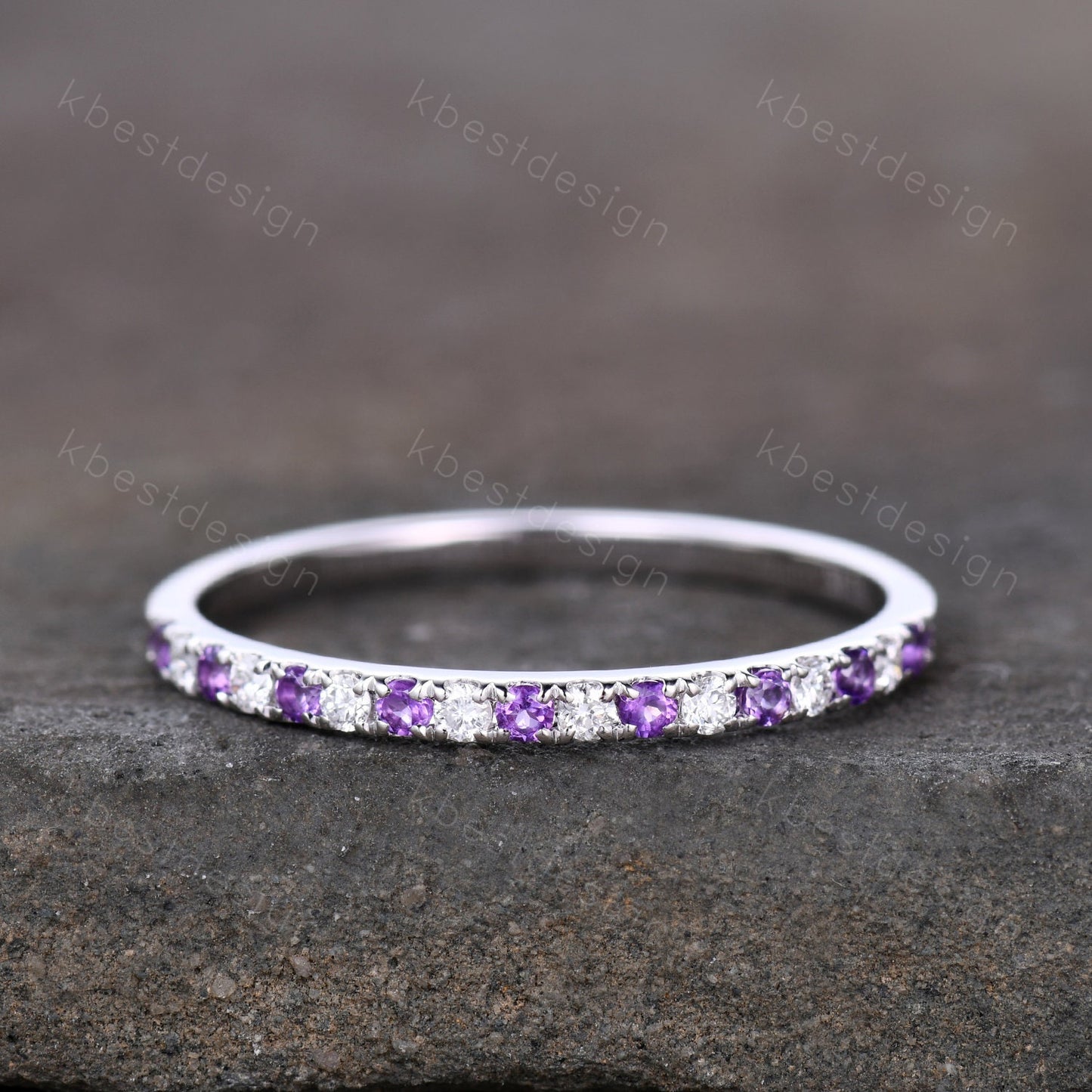 Delicate Amethyst Wedding Band Silver Amethyst Moissanite Band Minimalist Stackable Ring Half Eternity Wedding Band Promise Anniversary Ring