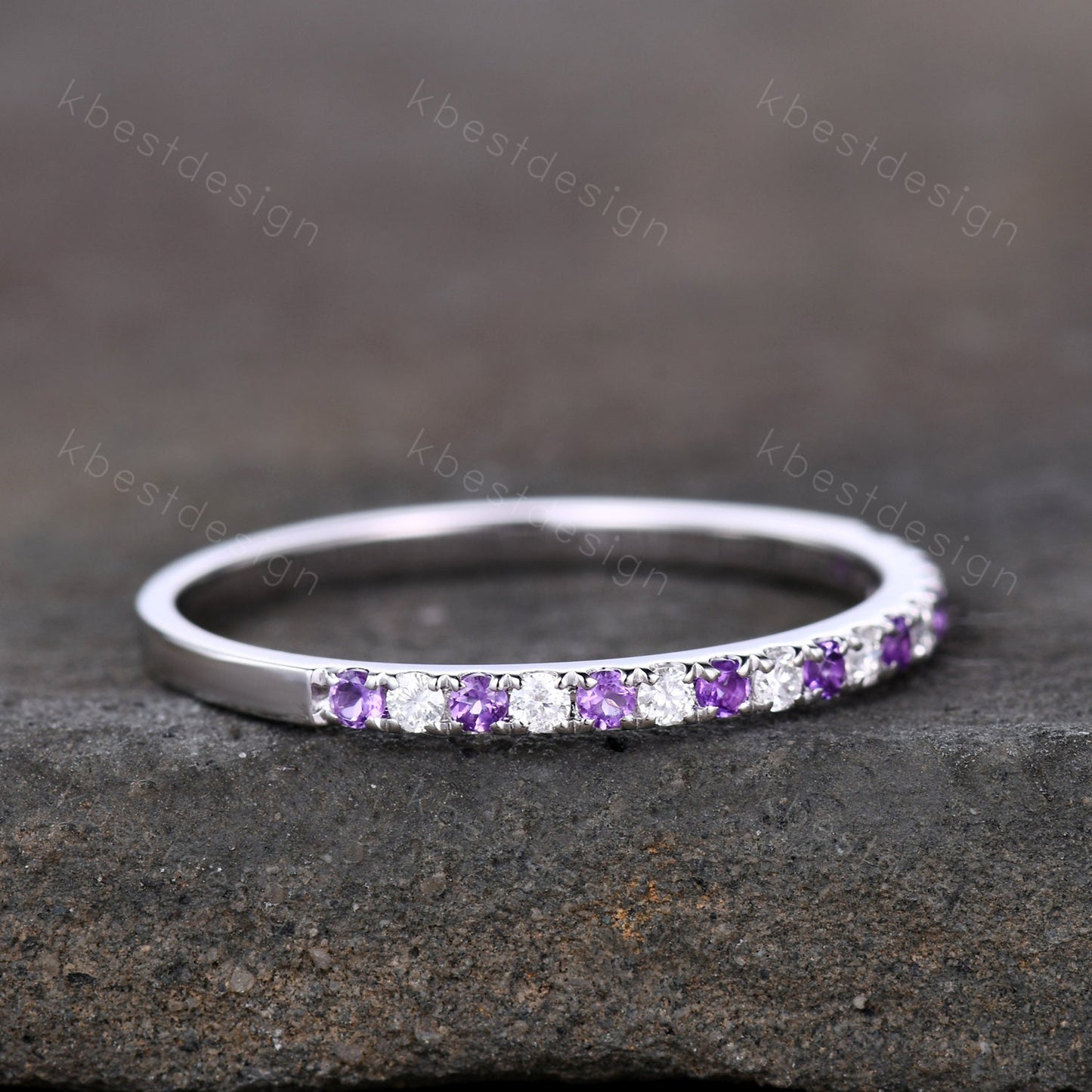 Delicate Amethyst Wedding Band Silver Amethyst Moissanite Band Minimalist Stackable Ring Half Eternity Wedding Band Promise Anniversary Ring