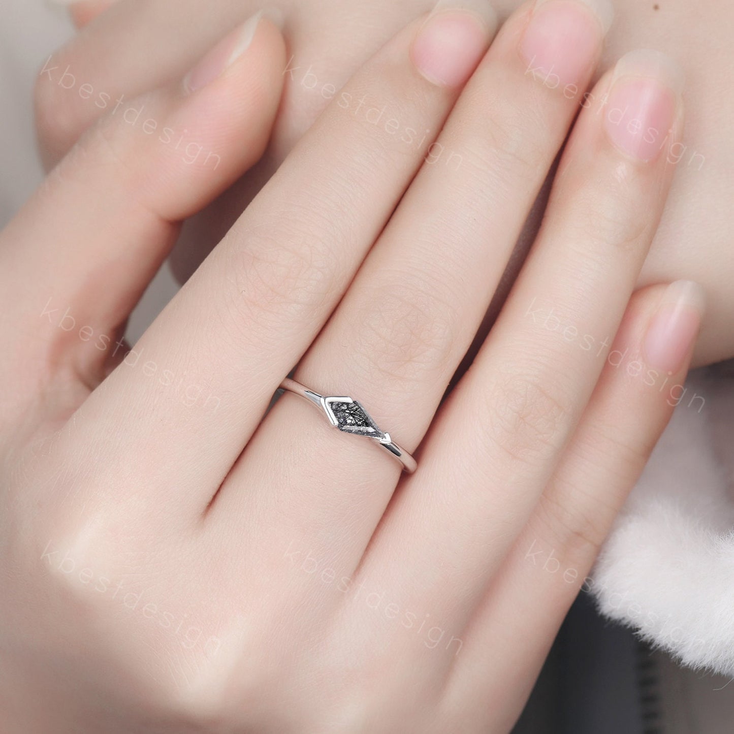 Vintage black rutilated quartz engagement ring silver kite cut ring art deco black gemstone ring women wedding bridal ring delicate ring