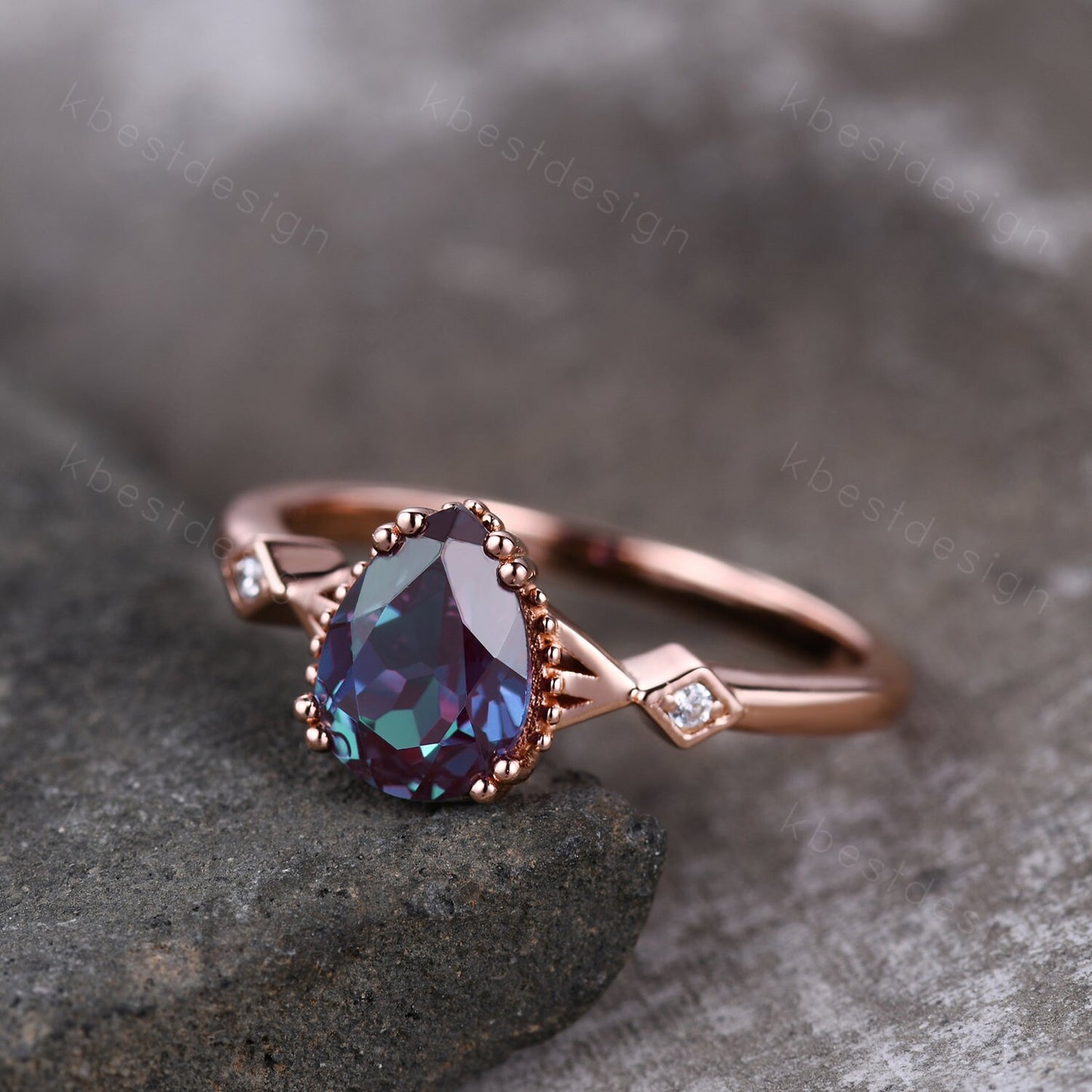 Pear shaped Alexandrite engagement ring vintage unique Alexandrite ring rose gold ring art deco milgrain bridal wedding ring June Birthstone