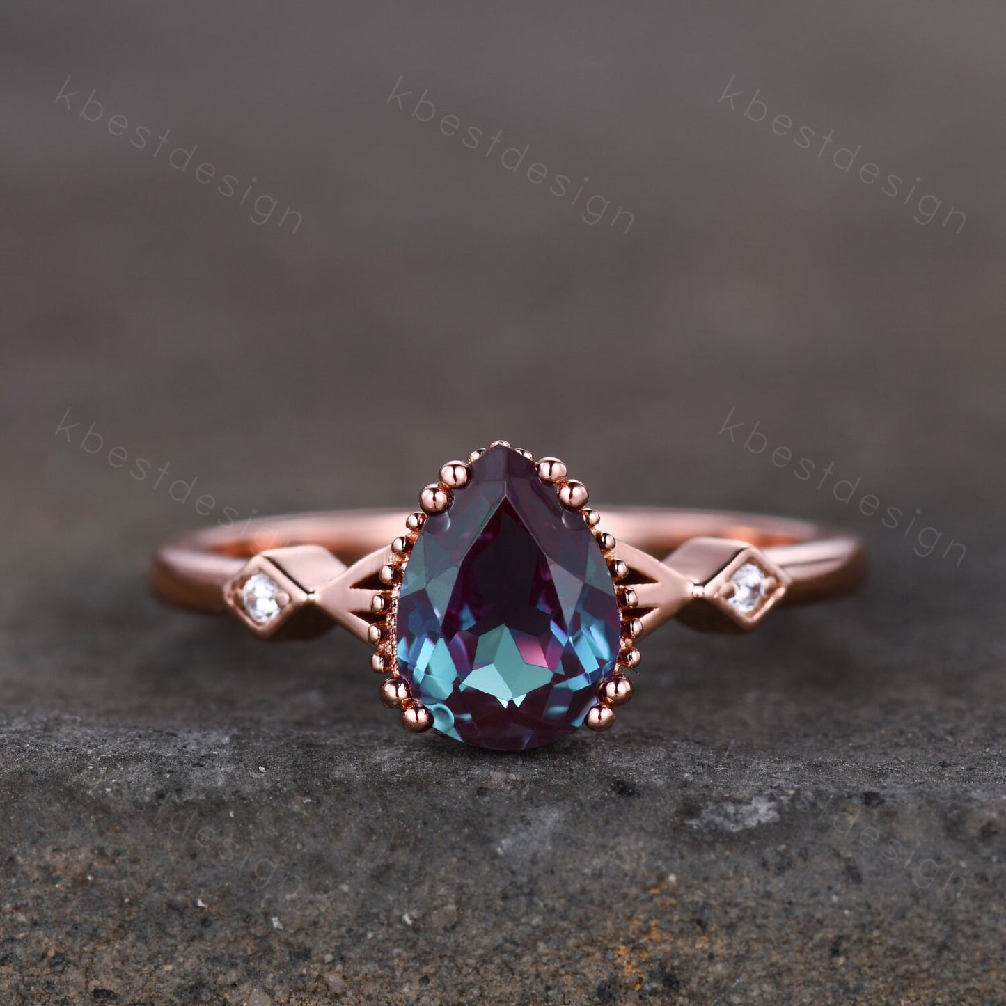 Pear shaped Alexandrite engagement ring vintage unique Alexandrite ring rose gold ring art deco milgrain bridal wedding ring June Birthstone