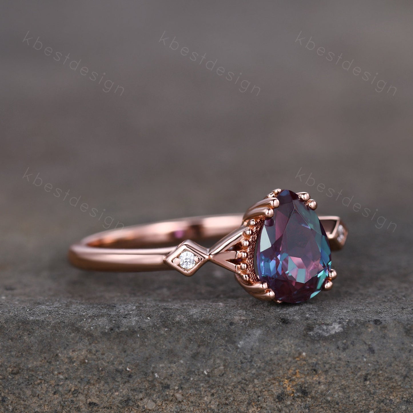 Pear shaped Alexandrite engagement ring vintage unique Alexandrite ring rose gold ring art deco milgrain bridal wedding ring June Birthstone